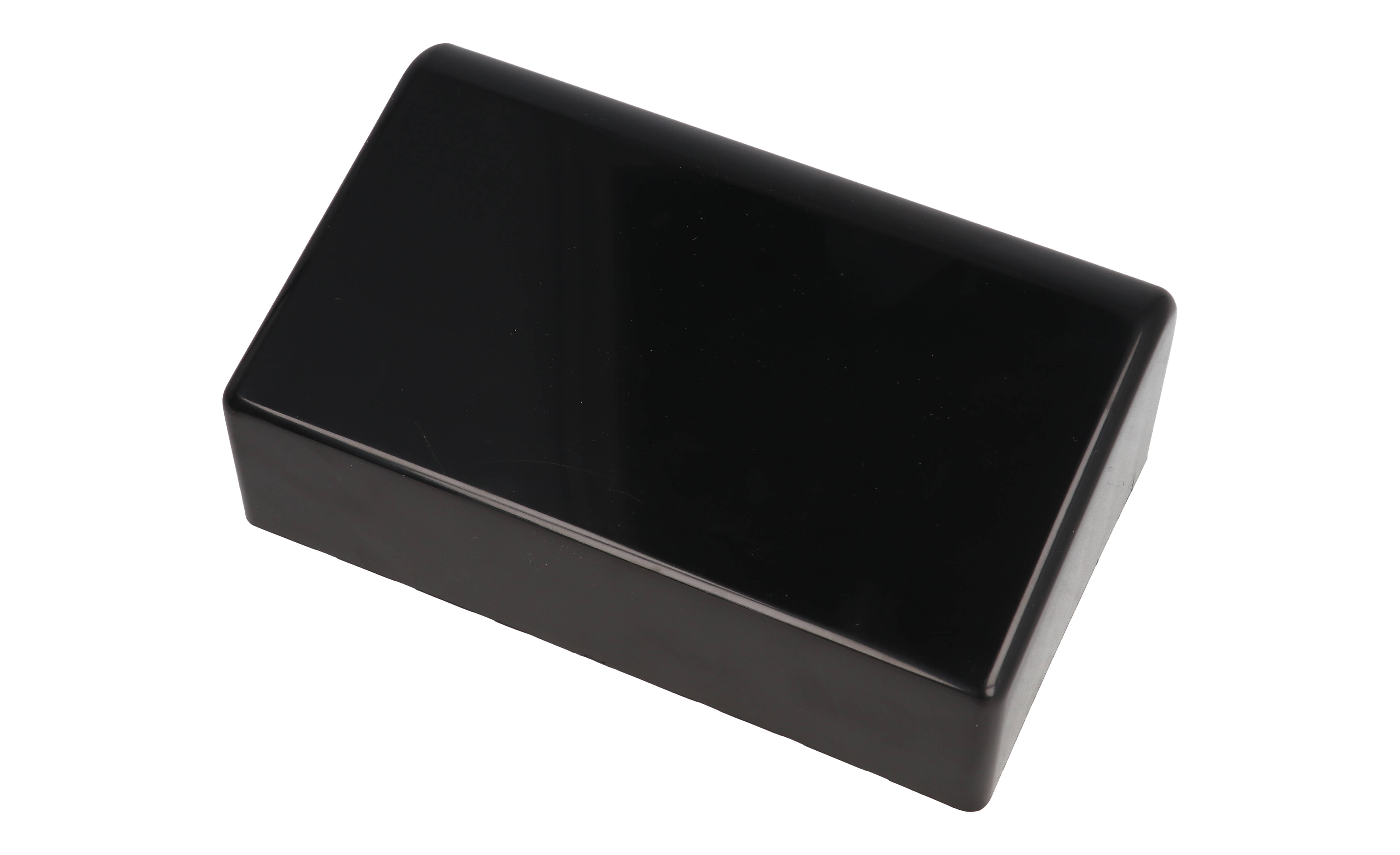 1595CBK black sloped plastic console enclosure with recessed aluminum front panel, 161 x 96 x 58 mm