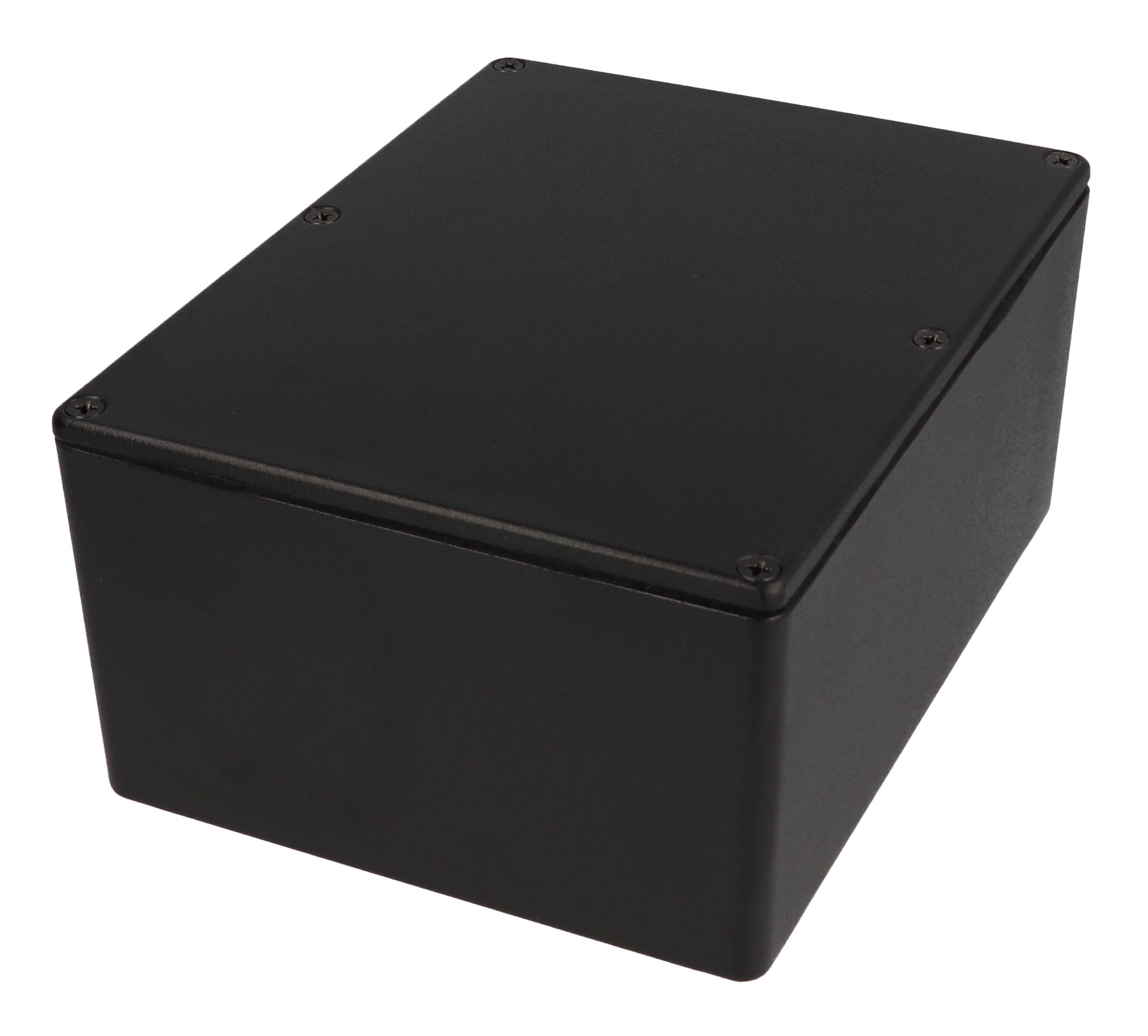 1550WLBK black powder-coated diecast aluminum enclosure with screw-down lid and IP66 gasket, 165 x 128 x 72 mm