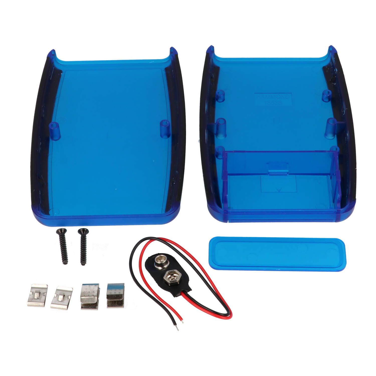 1553BTBUBKBAT translucent blue ABS handheld enclosure with black overmold and battery door