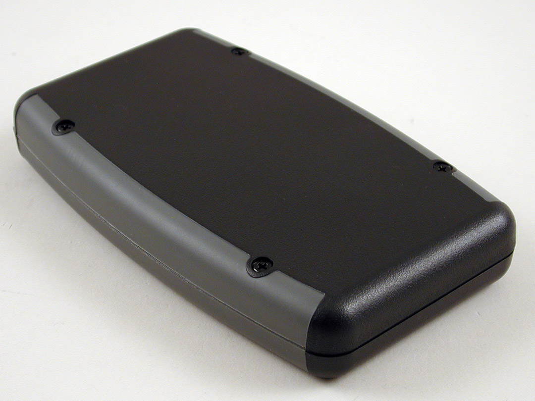 1553WDBK black water-tight hand-held ABS enclosure with grey TPE soft-grip sides