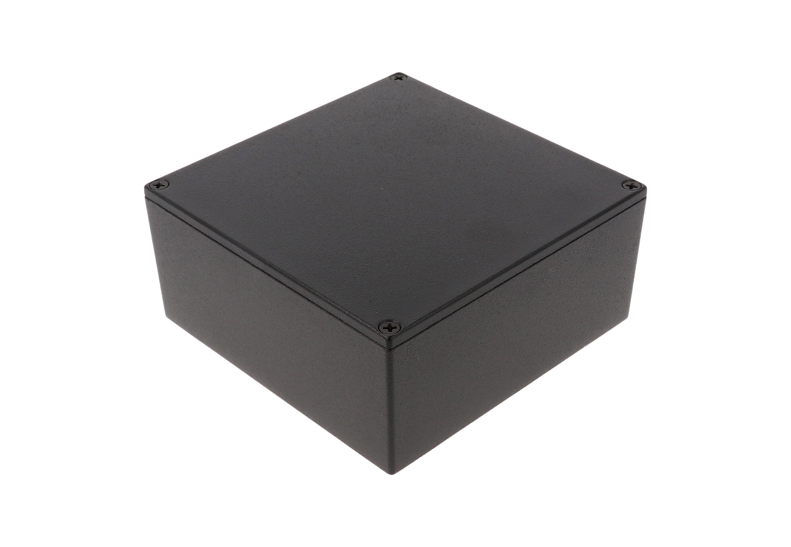 1590KKBK black textured diecast aluminum enclosure, 125 x 125 x 57 mm, with black cover screws