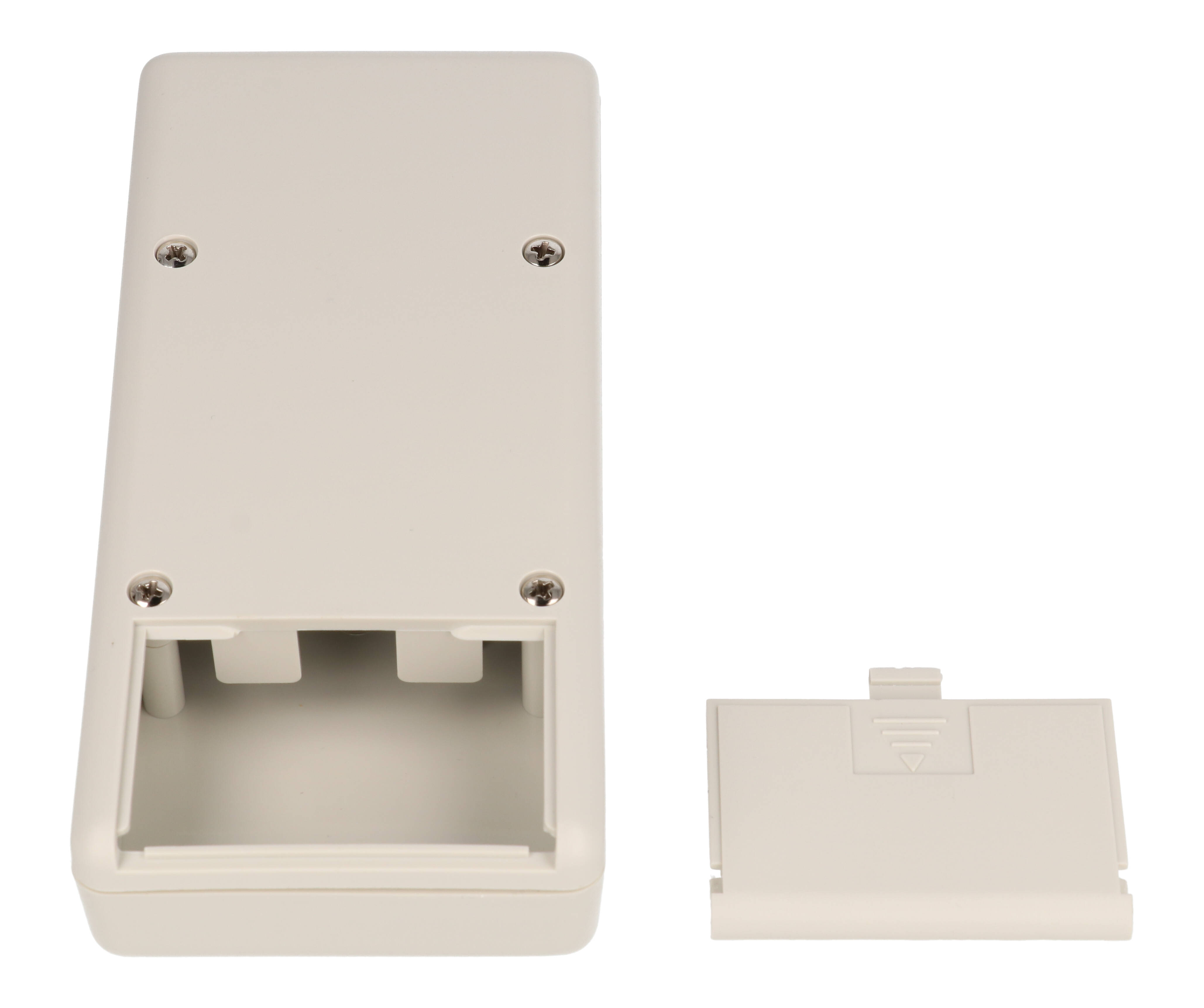 1593YALGY light gray ABS hand held instrument enclosure, 140 x 66 x 28 mm, with aluminum end panel and battery door