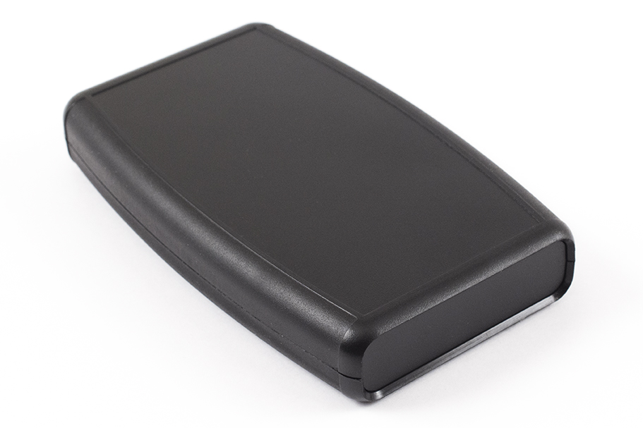 1553DBKBKBAT all-black handheld enclosure with black overmold and battery door — view 2