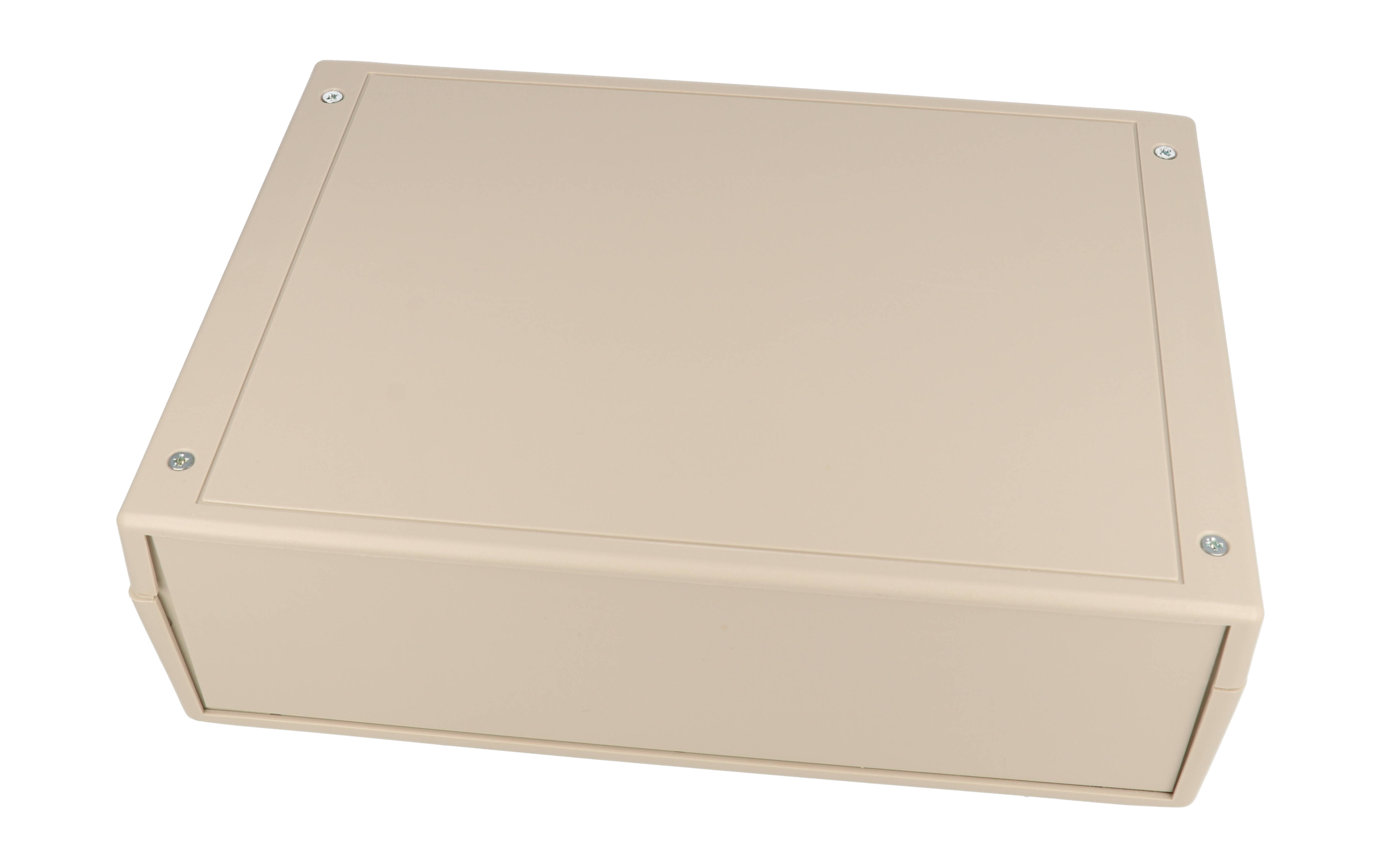 RM2095M light grey ABS instrument enclosure, 250 x 180 x 75.5 mm clam shell case with front and rear panels