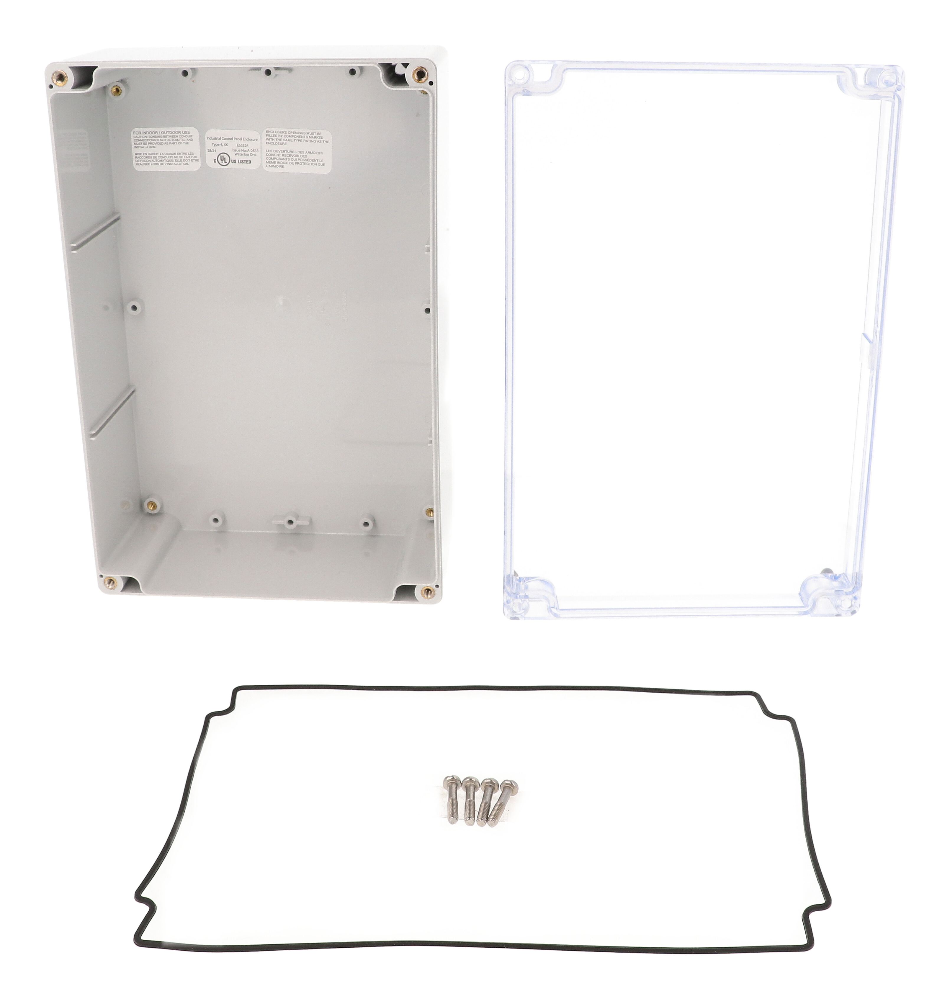 1554V2GYCL polycarbonate watertight enclosure with clear lid, 240 x 160 x 90 mm