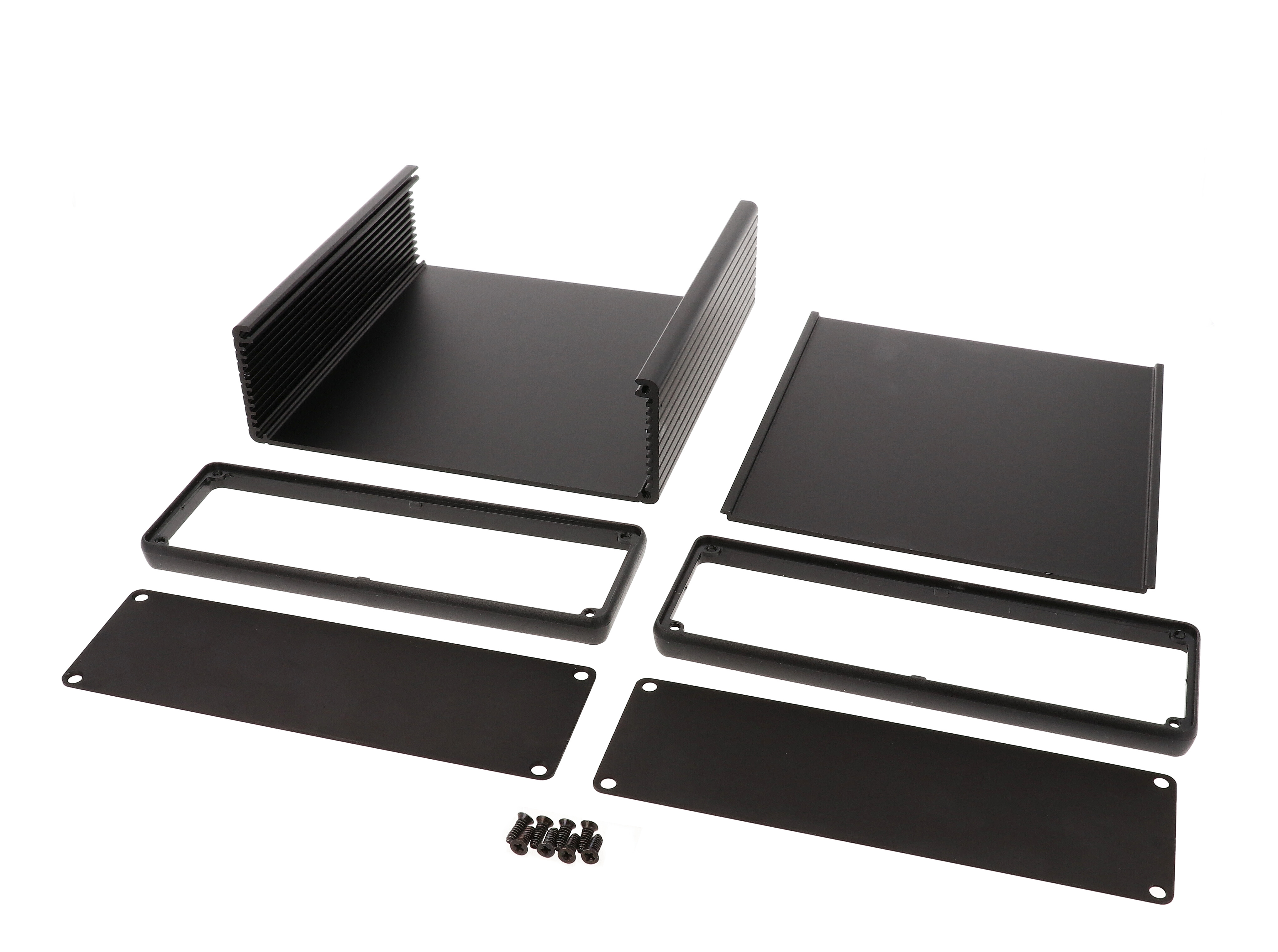1455T1601BK black anodized extruded aluminum enclosure, 160 x 165 x 52 mm, with aluminum end panels and black open bezels