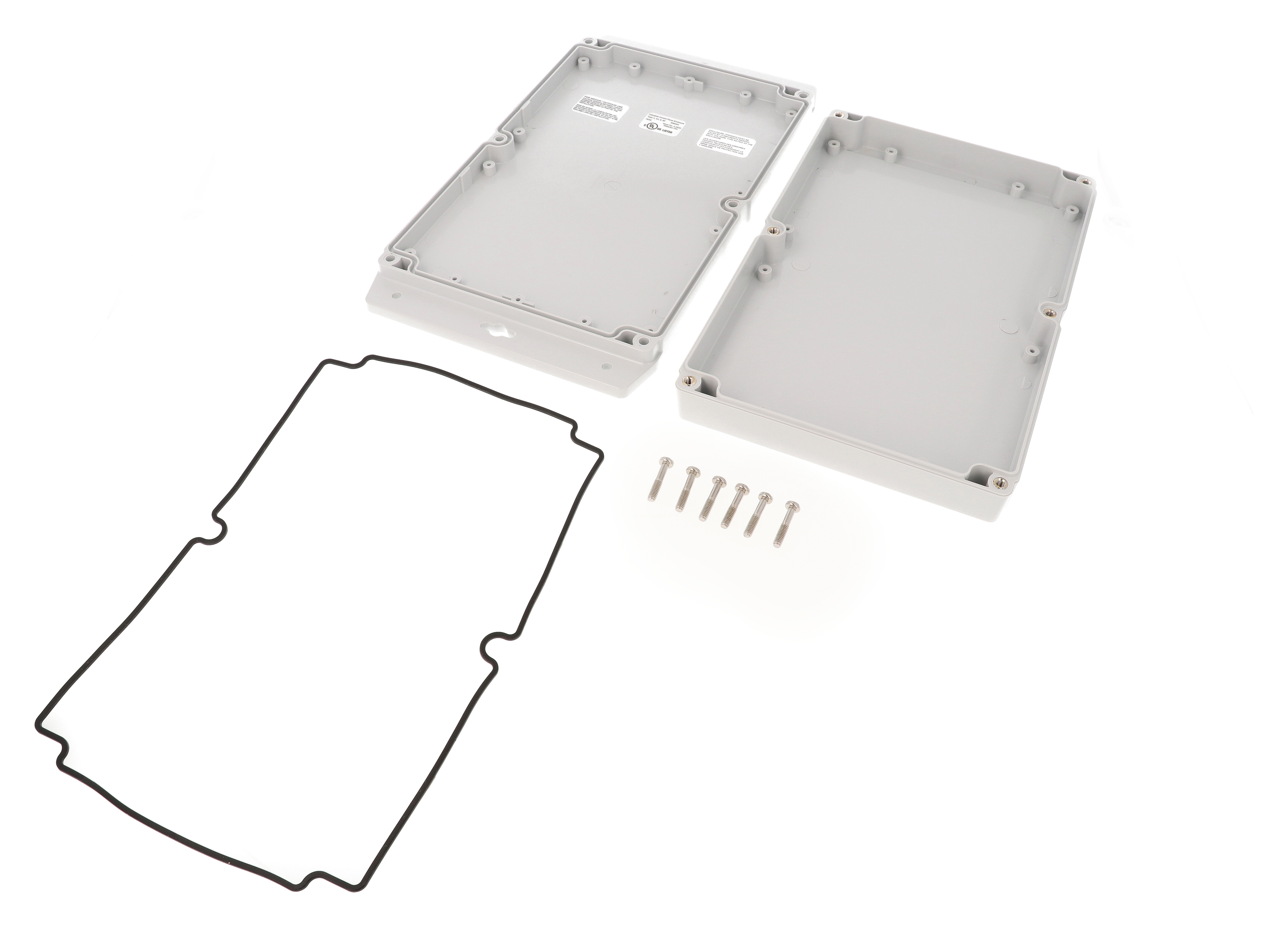 1555VA2F17GY grey polycarbonate low-profile flanged enclosure, 240 x 161 x 37 mm
