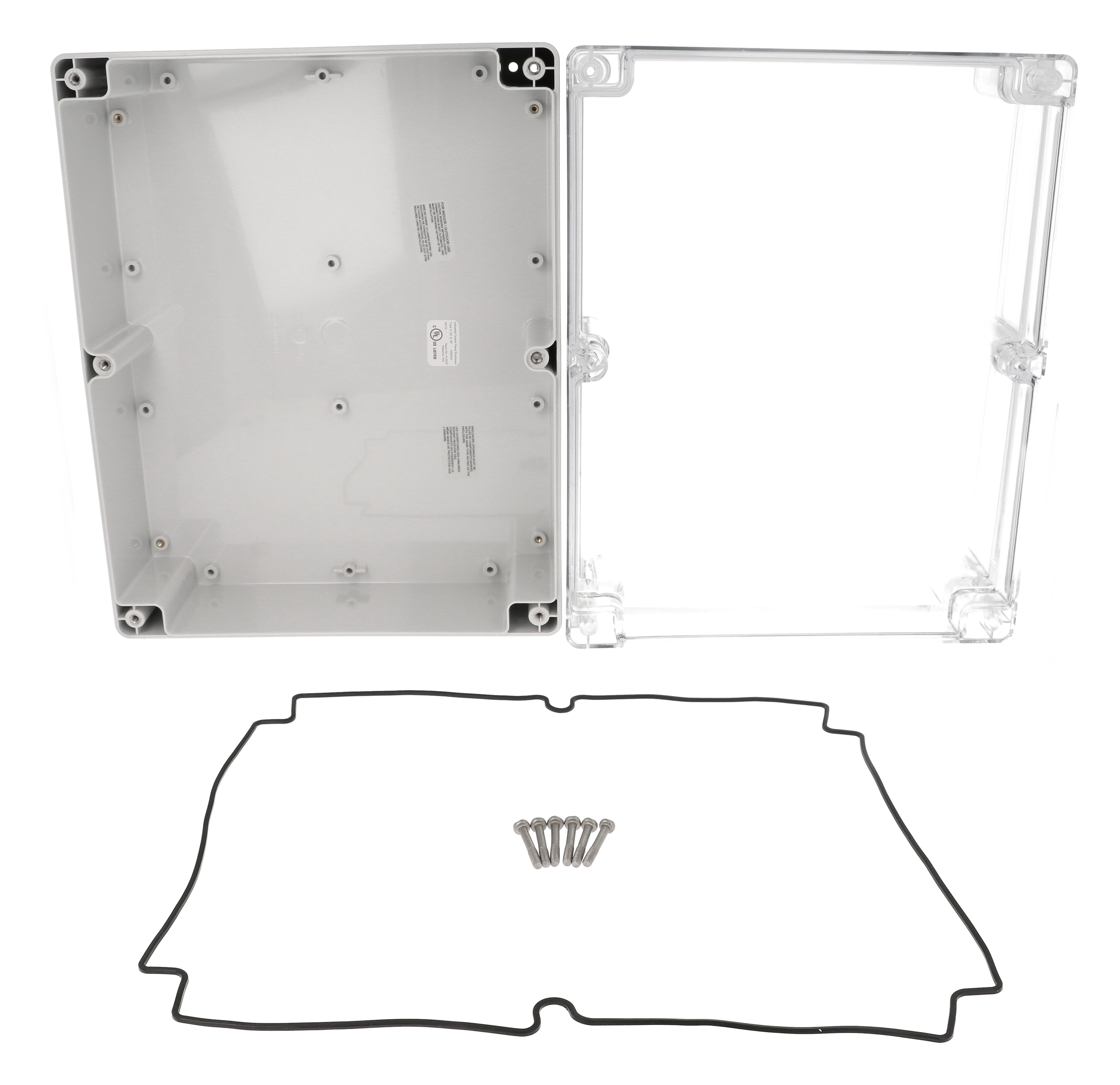 1554Y2GYCL gray polycarbonate enclosure with clear lid, 300 x 240 x 95 mm