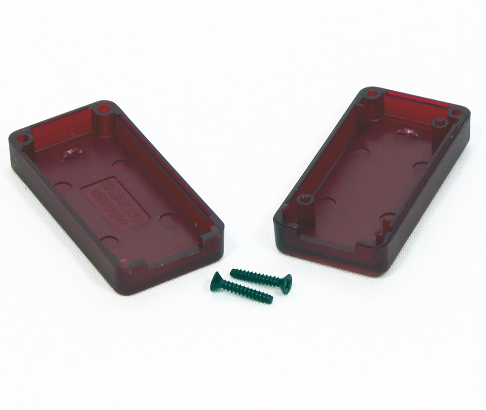 1551USB2TRD translucent red ABS plastic miniature USB enclosure, 50 x 25 mm, with USB-A opening and recessed lid