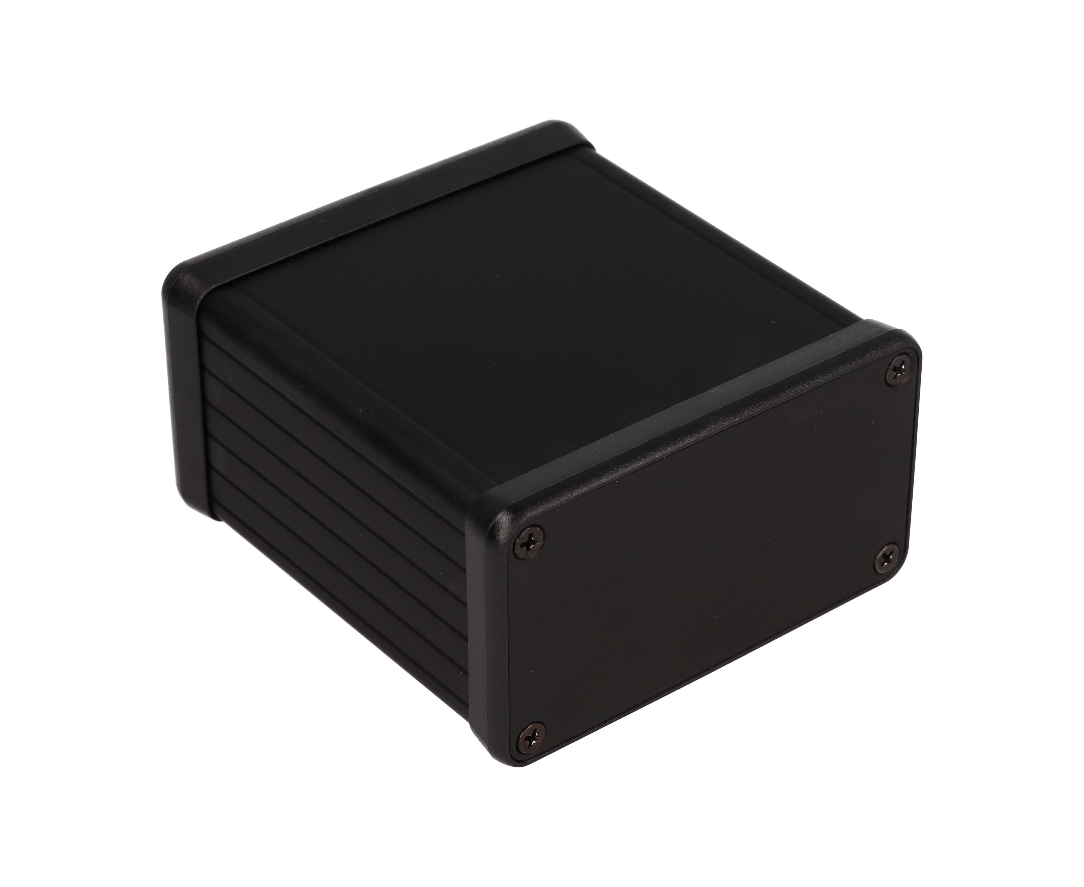 1455K801BK — extruded black aluminum enclosure w/ metal end panels