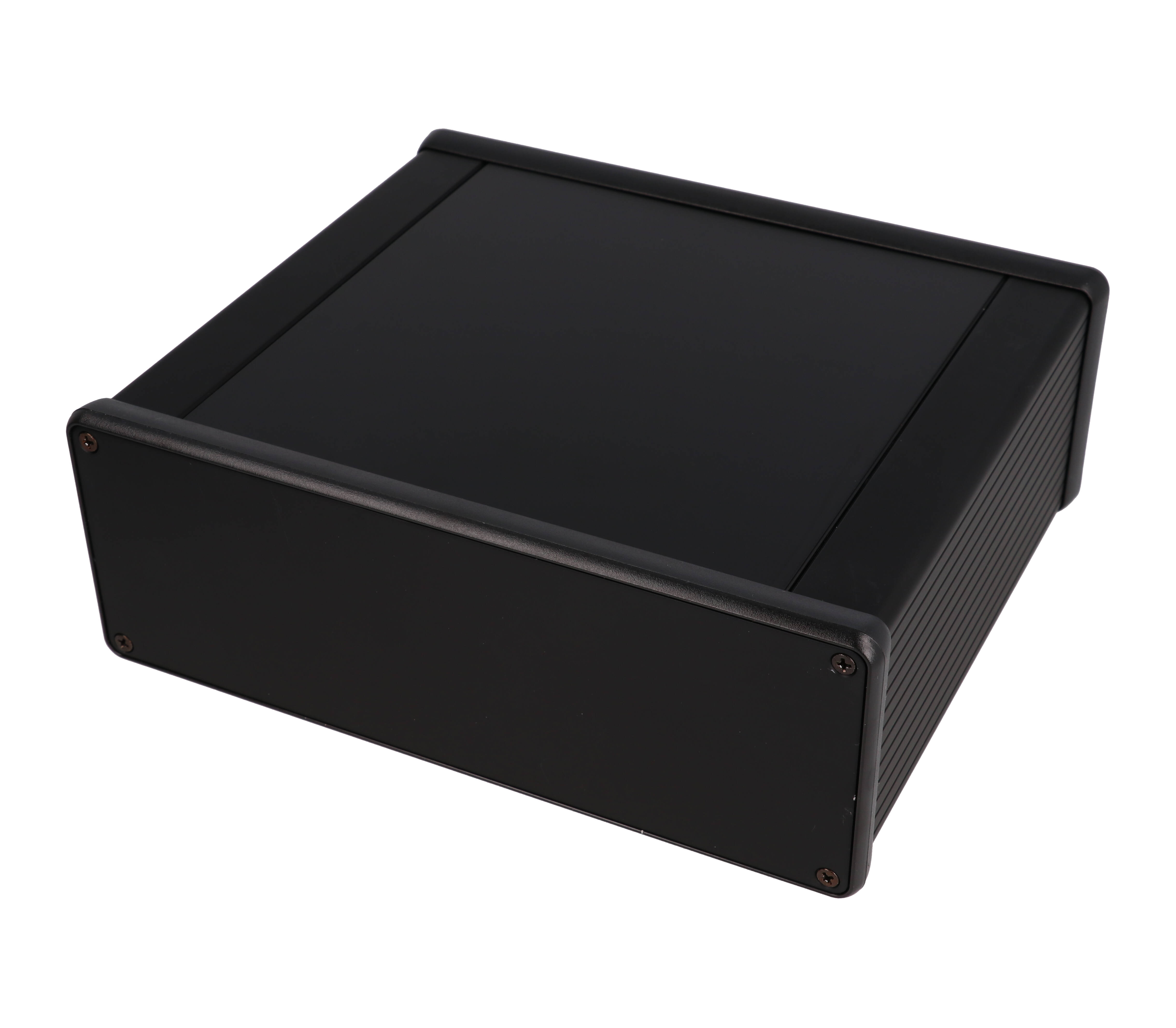 1455U1601BK — black extruded aluminum enclosure w/ metal end panels