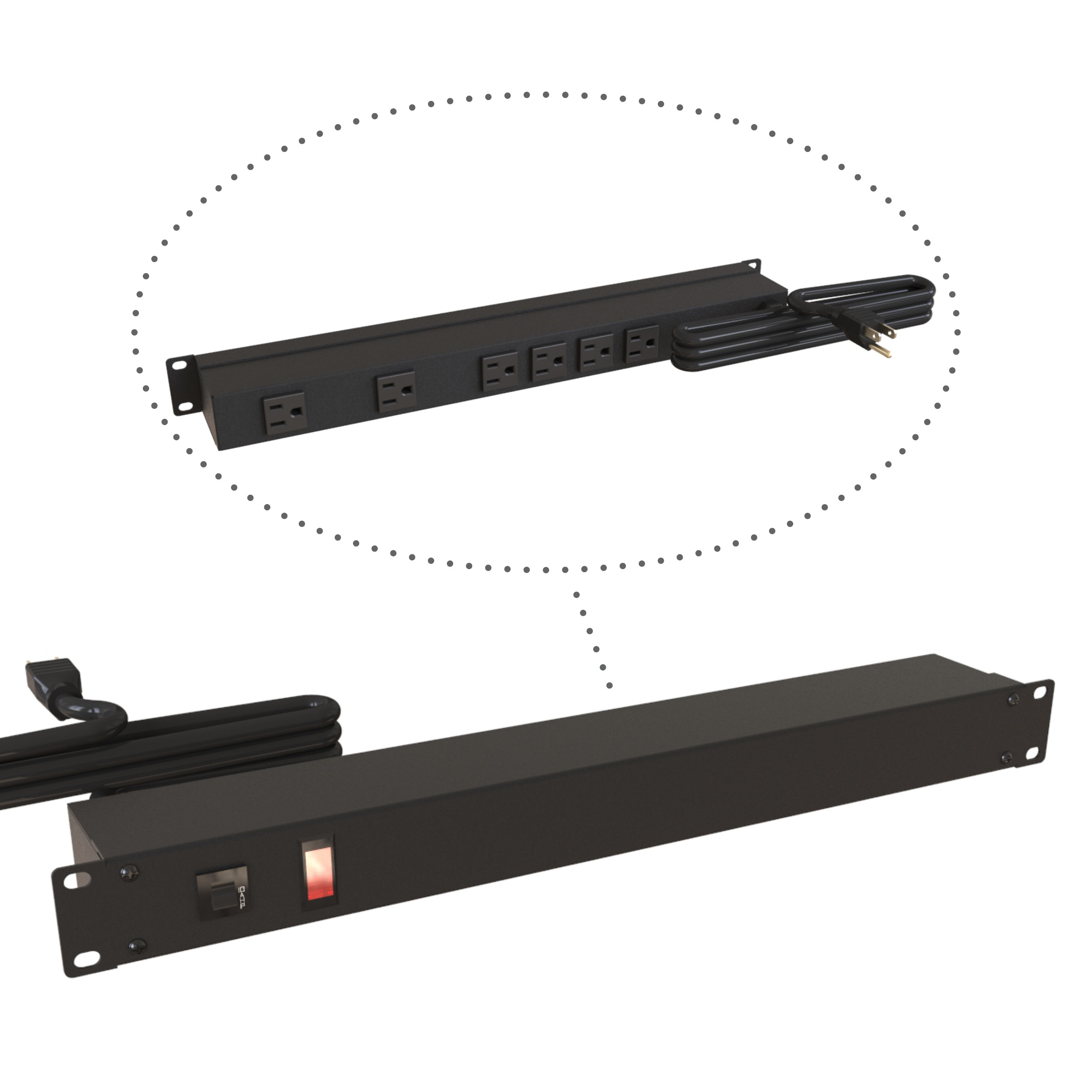 Hammond 1583T6A1BK 1U 19-inch black rack mount PDU with six rear-facing NEMA 5-15R outlets, pilot light and circuit breaker