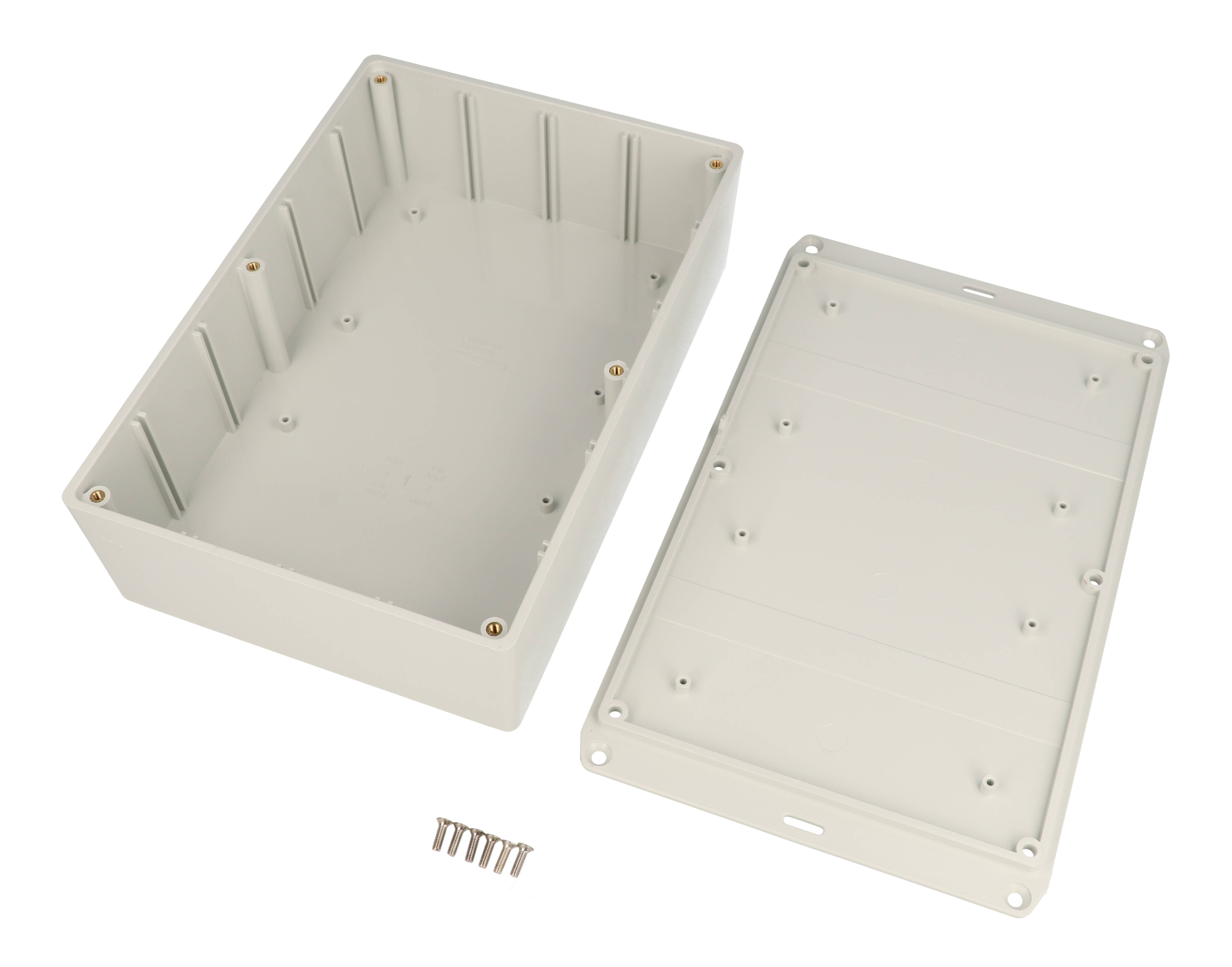 Hammond 1591XXFFLGY light gray ABS plastic enclosure with flanged lid, 1591XXF size, box and lid shown