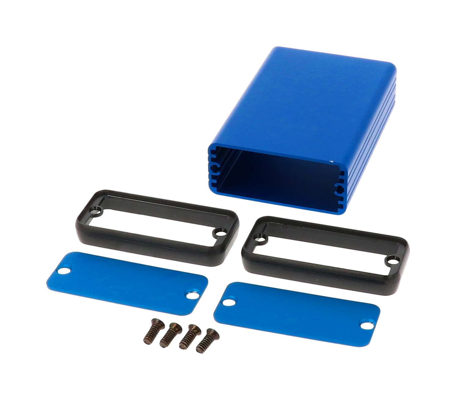 1455C801BU blue anodized extruded aluminum PC board enclosure, 80 x 54 x 23 mm, with metal end panels
