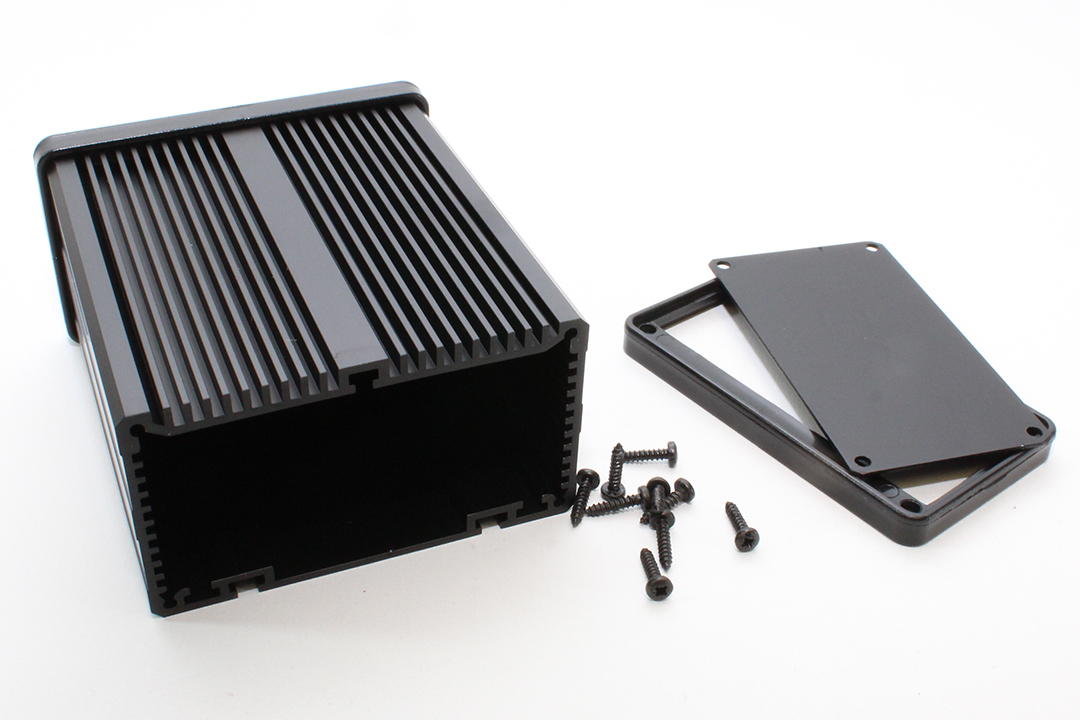 431609 black anodized extruded aluminum Sink Box enclosure with heat sink fins, 100 x 90 x 51 mm