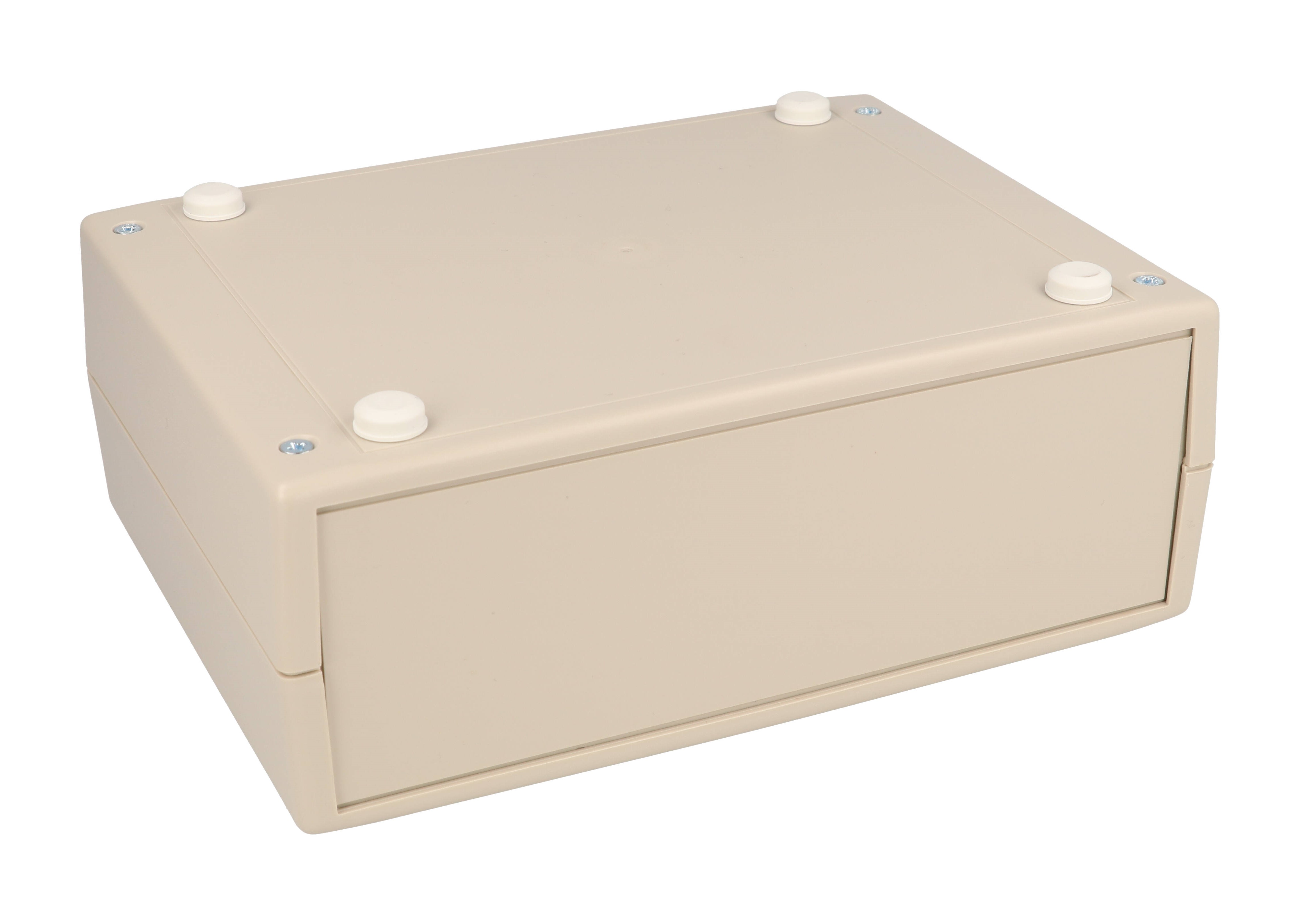 RM2055L light grey ABS instrument enclosure, 190 x 140 x 71 mm clam shell case with front and rear panels