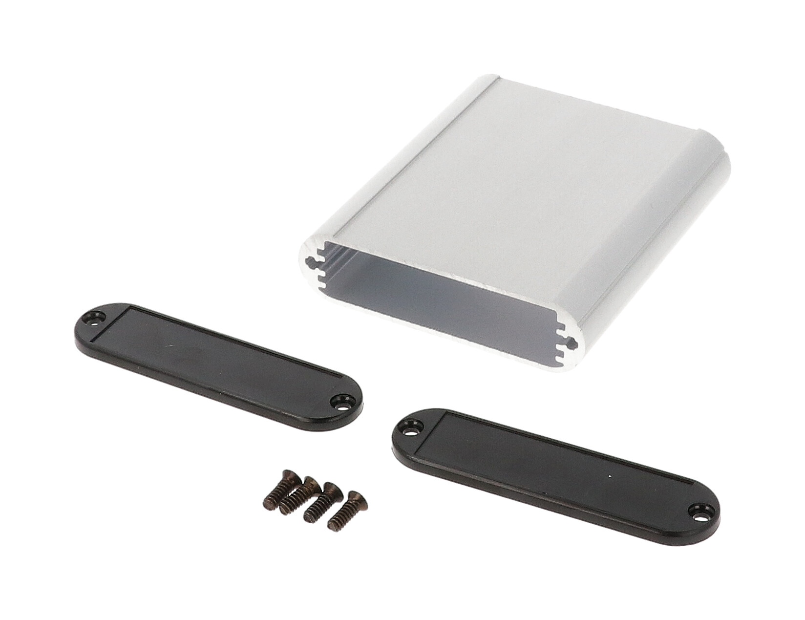 1455B802 clear anodized extruded aluminum PC board enclosure, 80 x 72 x 19 mm, with plastic end panels