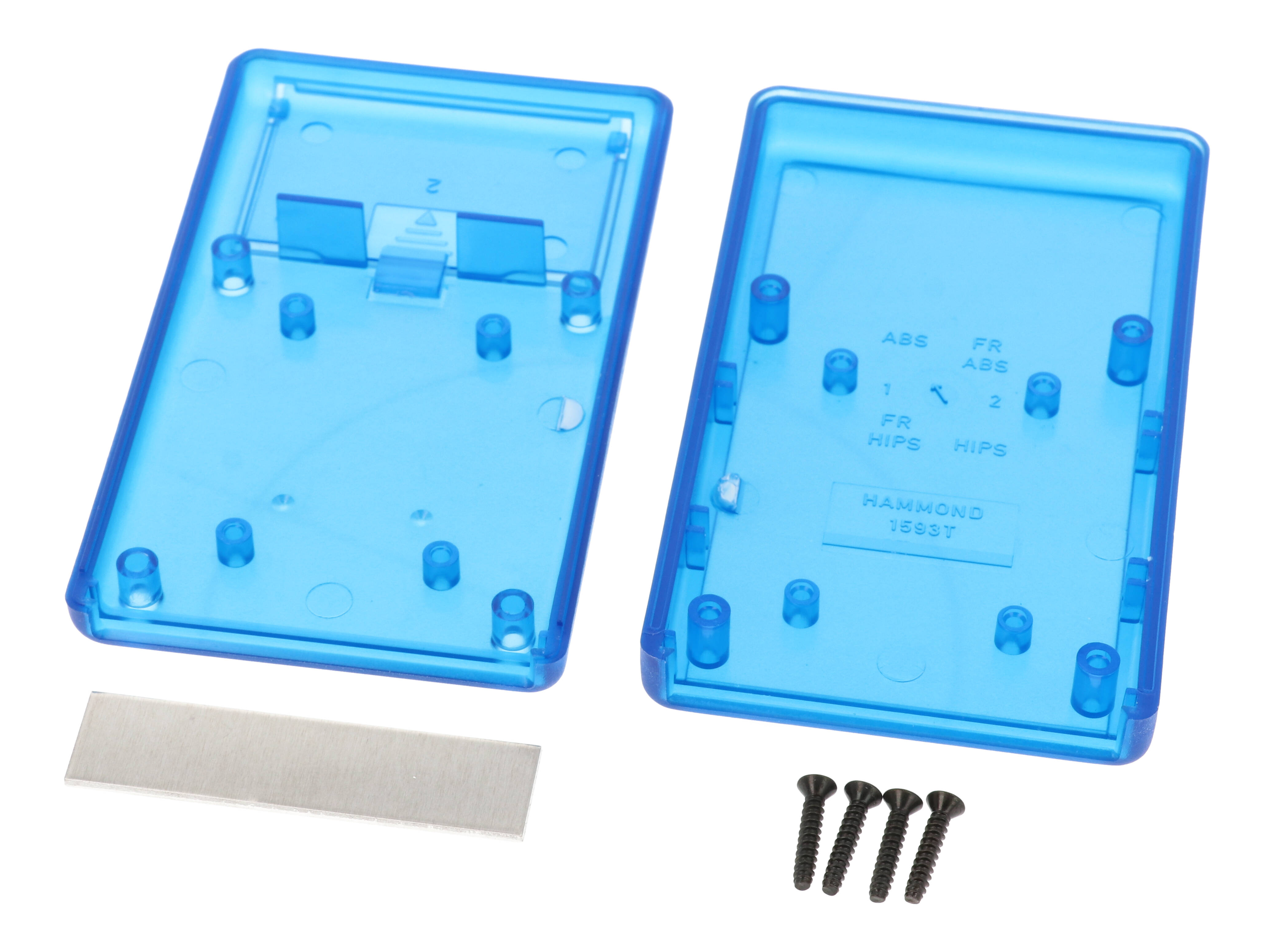 1593TALTBU translucent blue ABS hand held instrument enclosure, 112 x 66.5 x 21 mm, with aluminum end panel and battery door