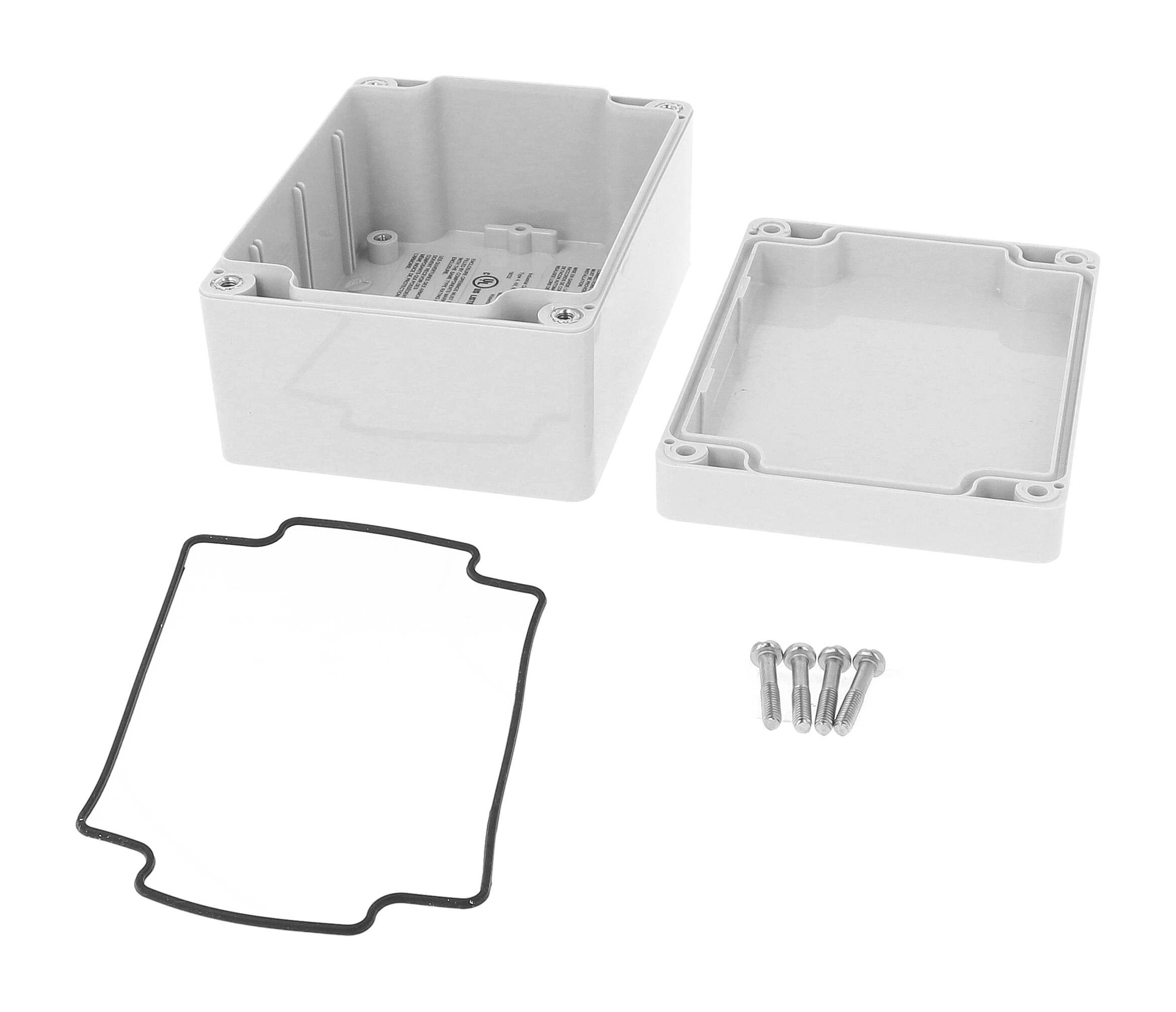 1554F2GY light gray polycarbonate watertight enclosure with gray flat lid and four lid screws