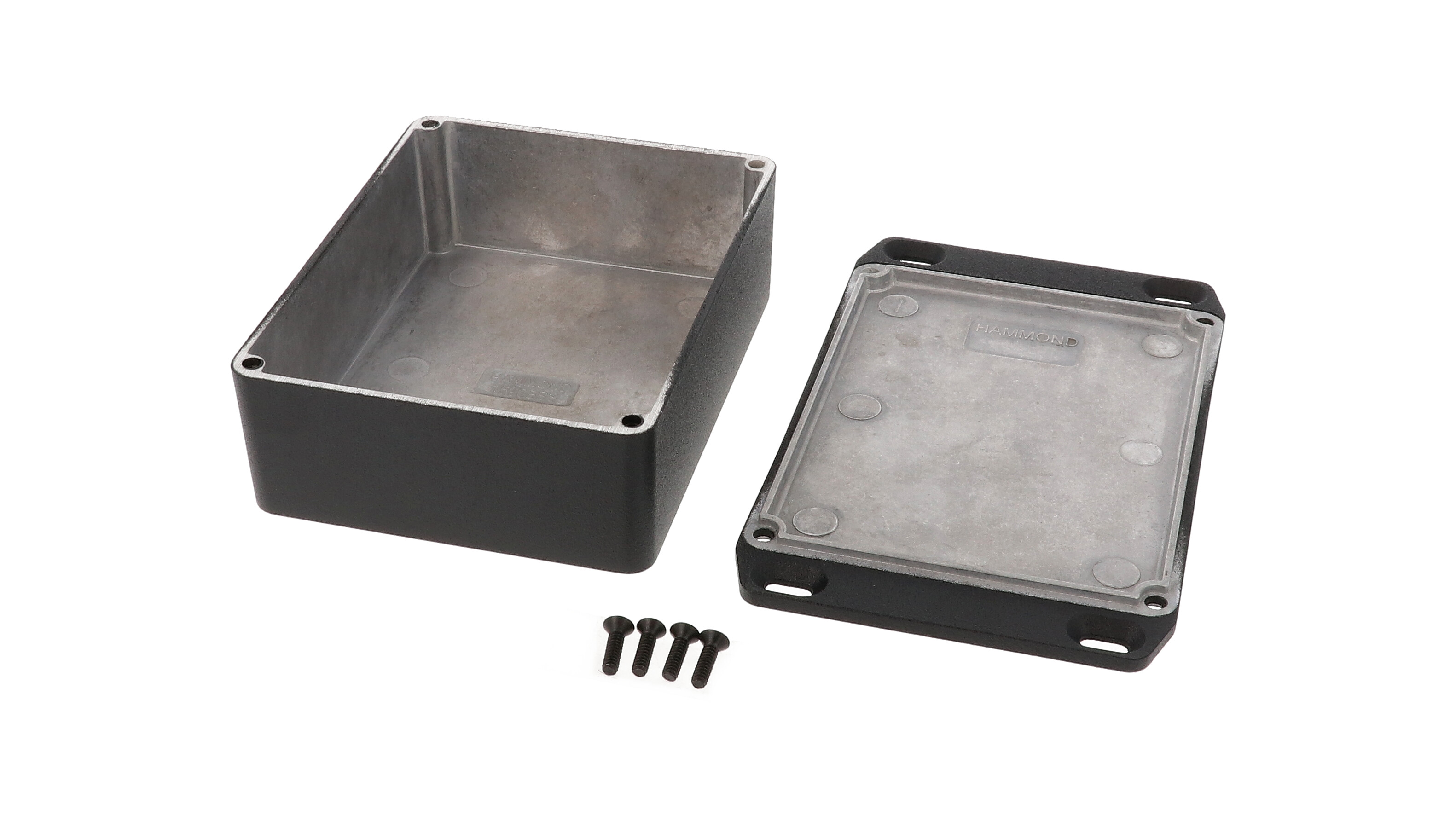 1590BBSFLBK black textured diecast aluminum enclosure with flanged mounting lid