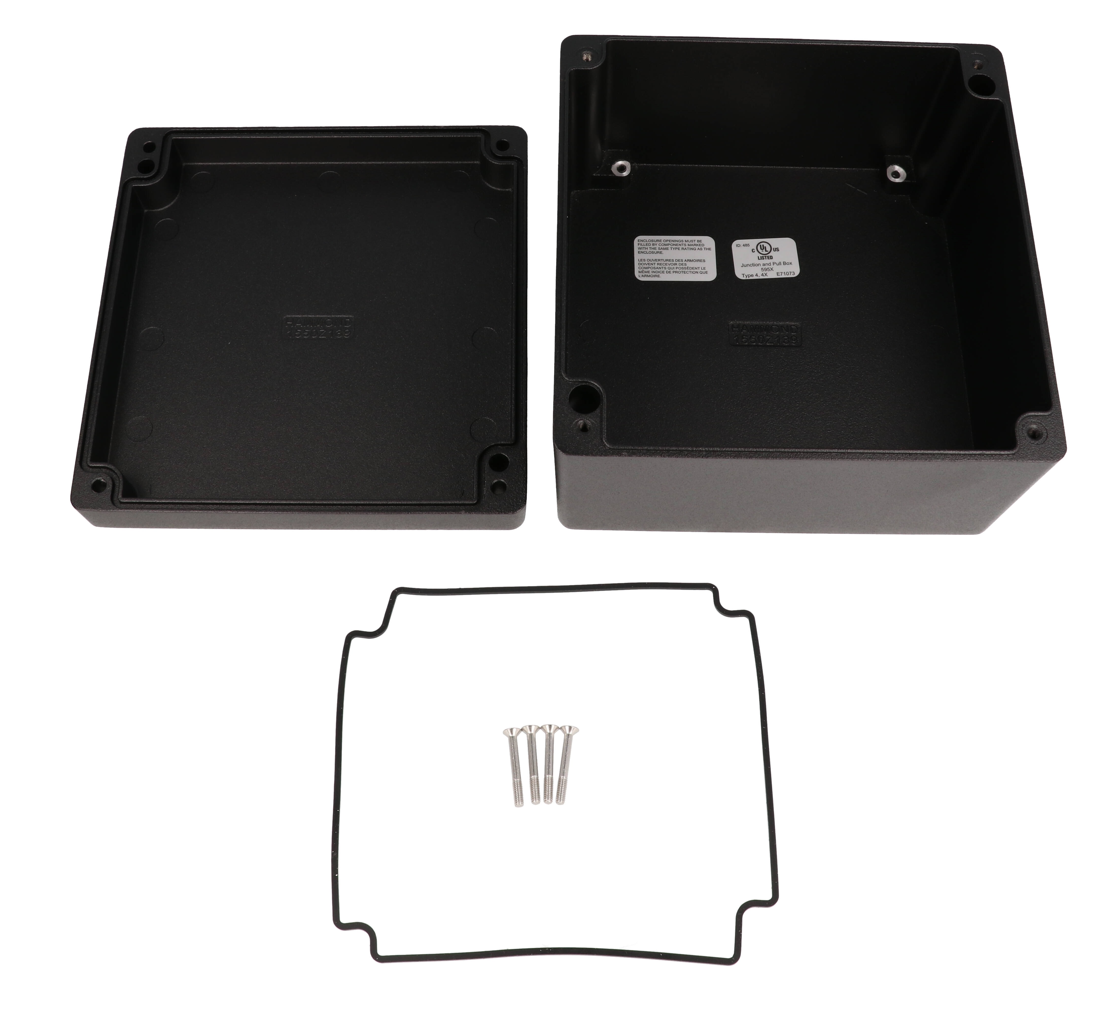 1550Z139BK black textured square deep watertight diecast aluminum enclosure, 160 x 160 x 102 mm