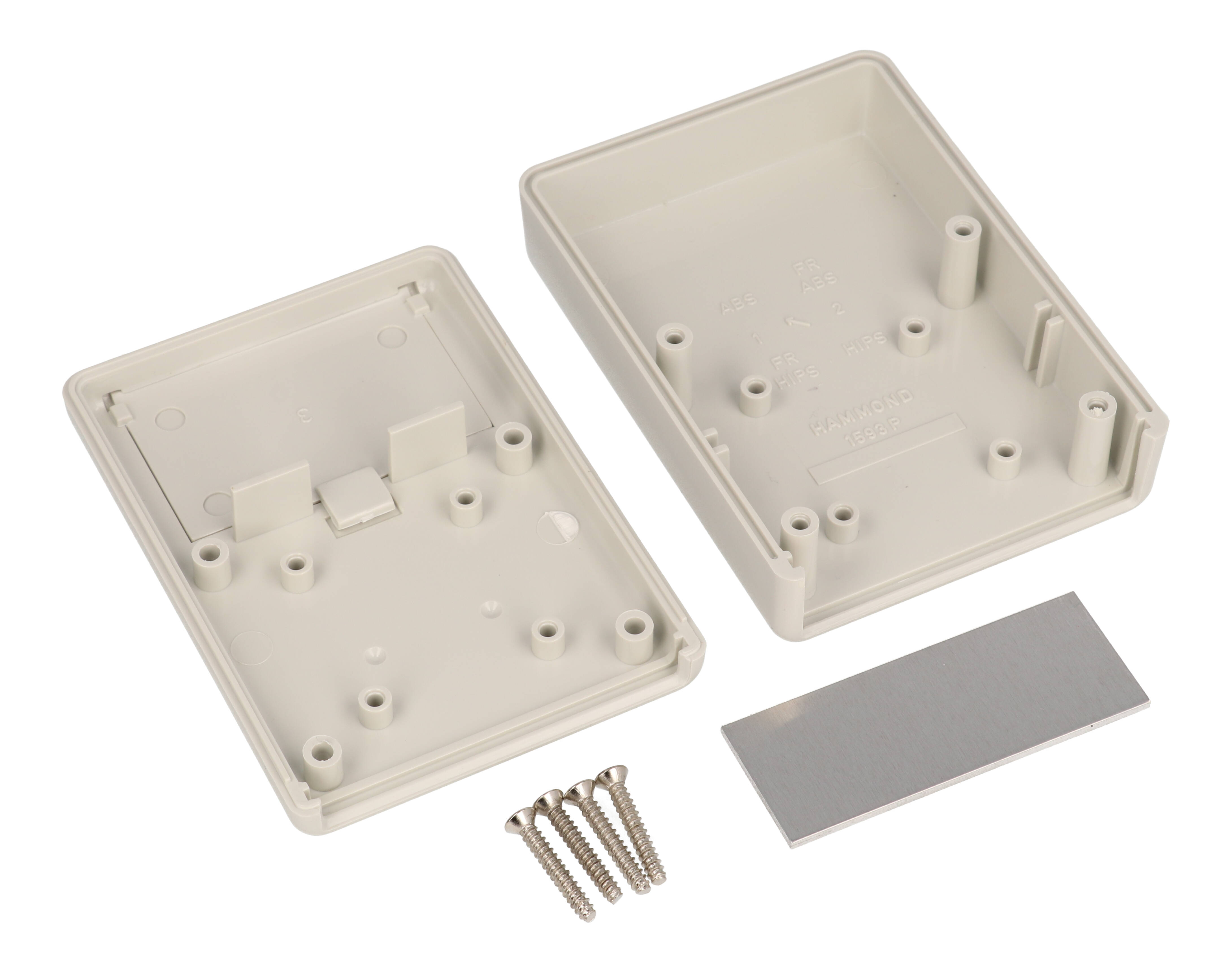 1593PALGY light gray ABS handheld enclosure with battery door and aluminum front panel