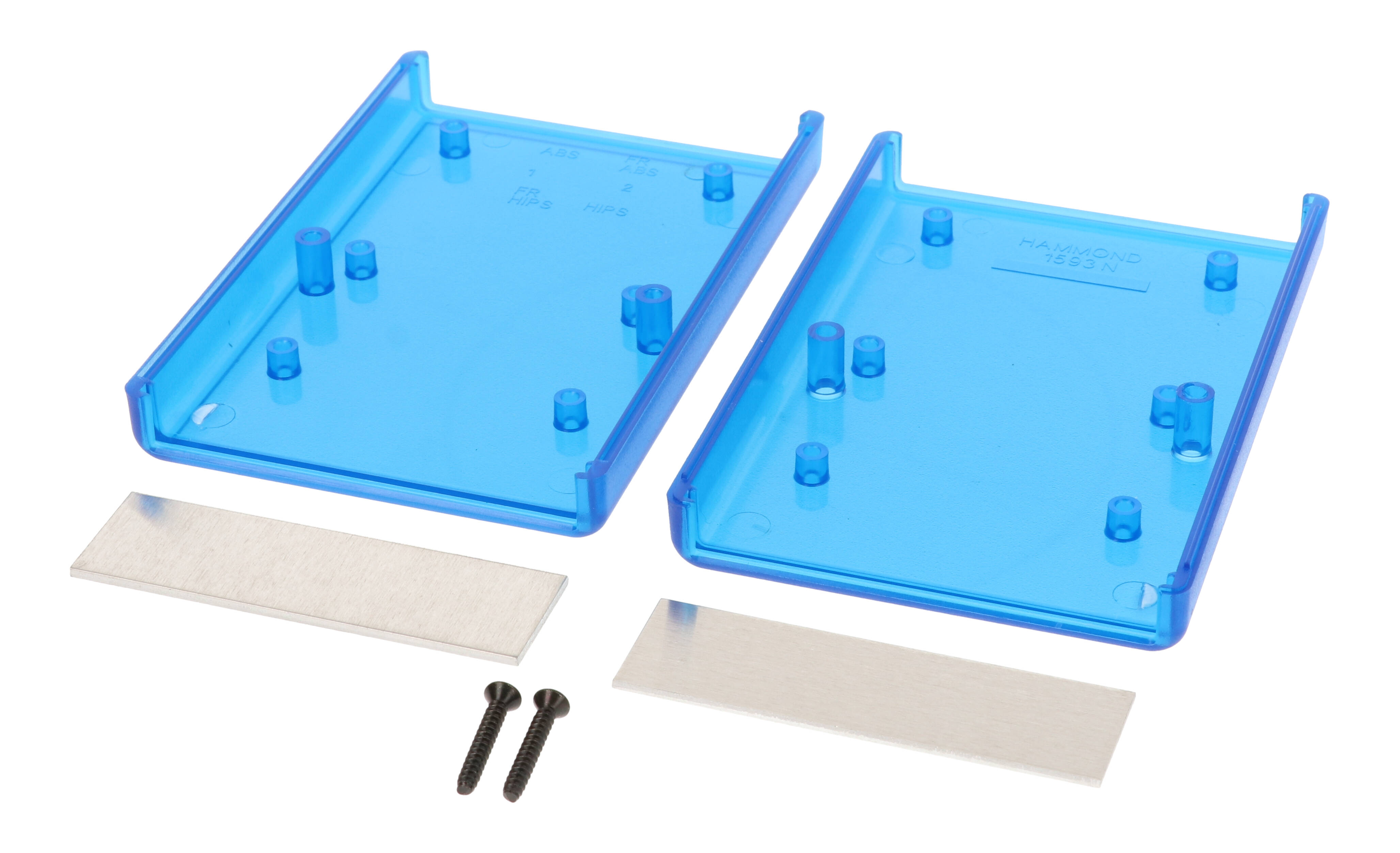 1593NALTBU transparent blue ABS handheld enclosure with aluminum end panels
