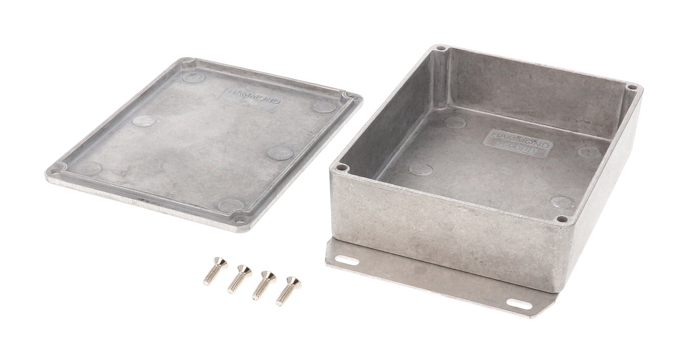1590BBF natural finish diecast aluminum enclosure with welded bottom mounting flange