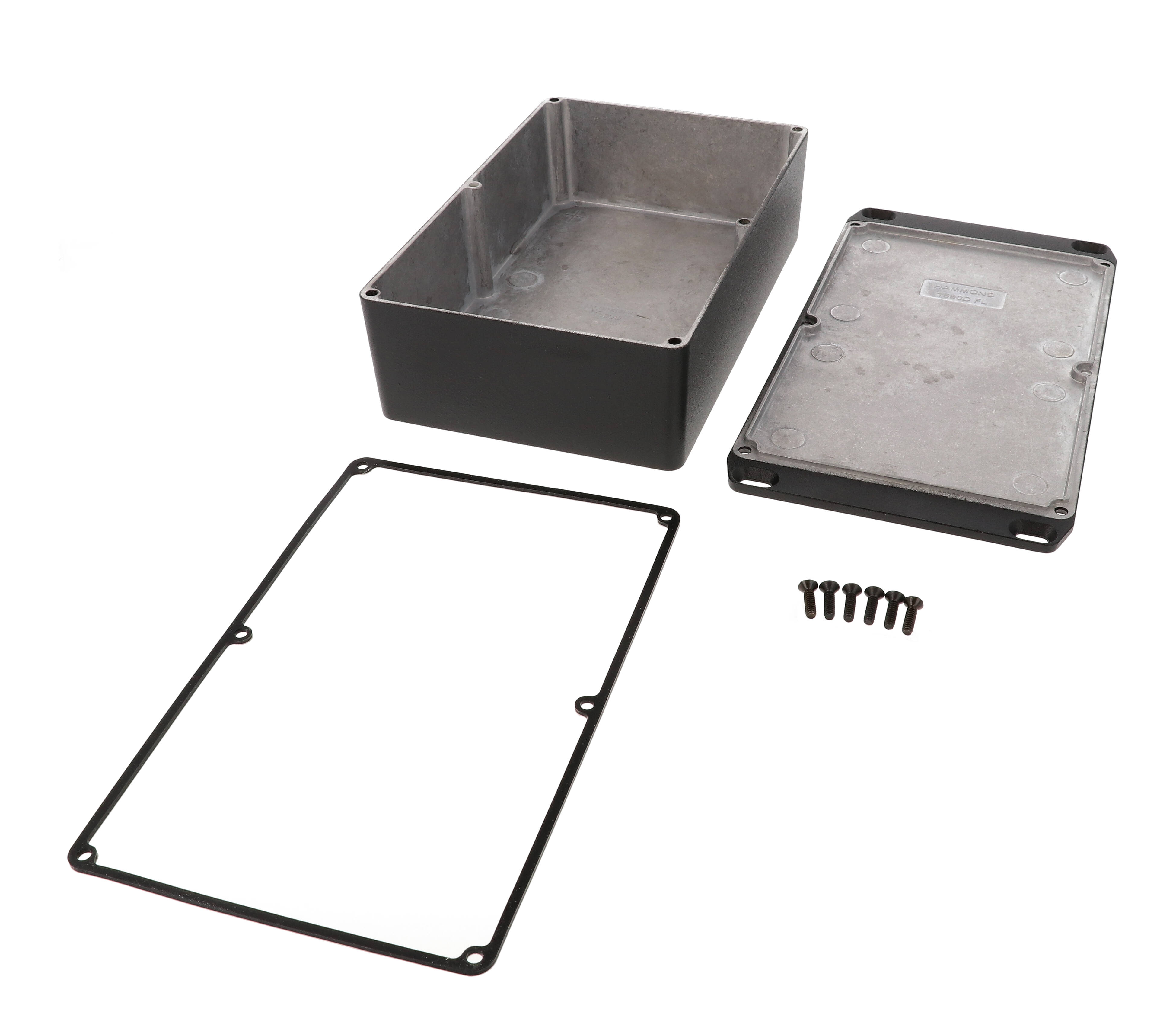 1590WDFLBK textured black watertight diecast aluminum enclosure, 188 mm x 119 mm x 56 mm, with flanged lid