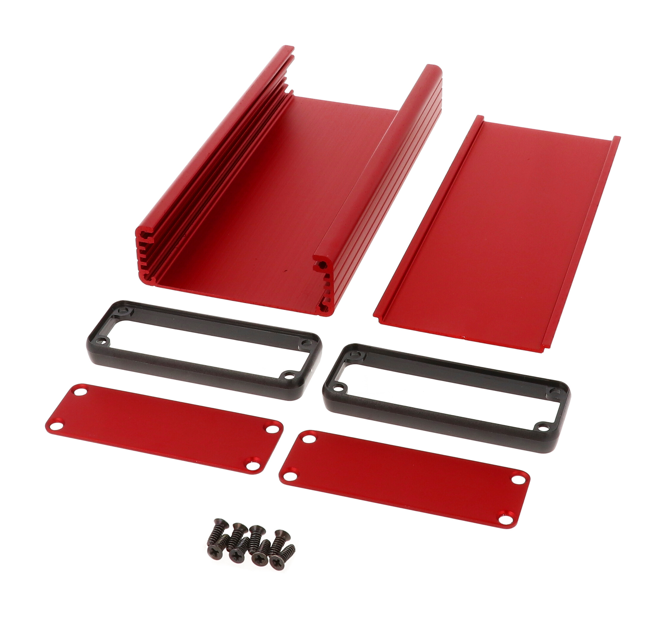 1455J1601RD red anodized extruded aluminum enclosure, 160 x 78 x 27 mm, with aluminum end panels and open bezels