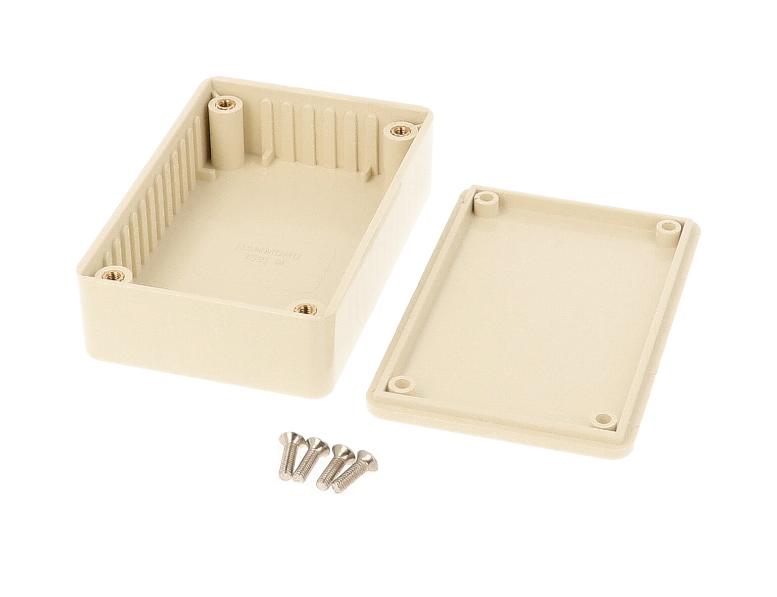 1591MBG beige ABS plastic enclosure with lid and molded card guides