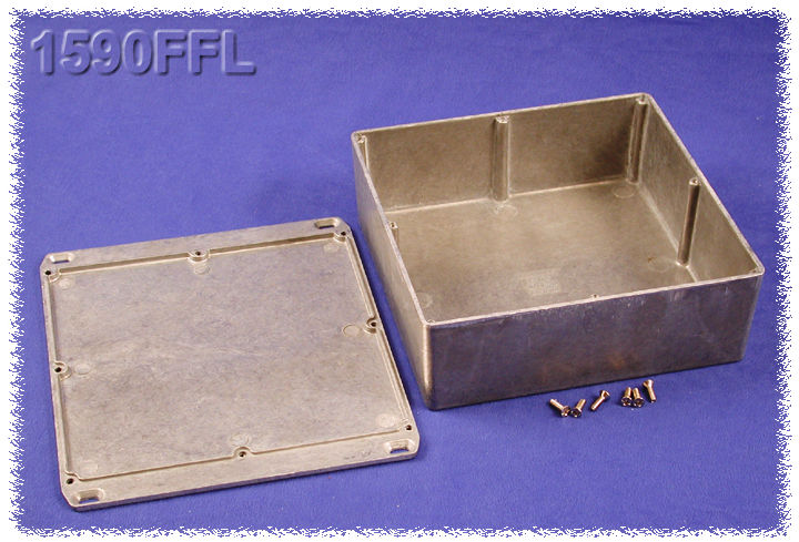 1590FFL natural square diecast aluminum enclosure with flanged wall-mounting lid, 188 x 188 x 67 mm