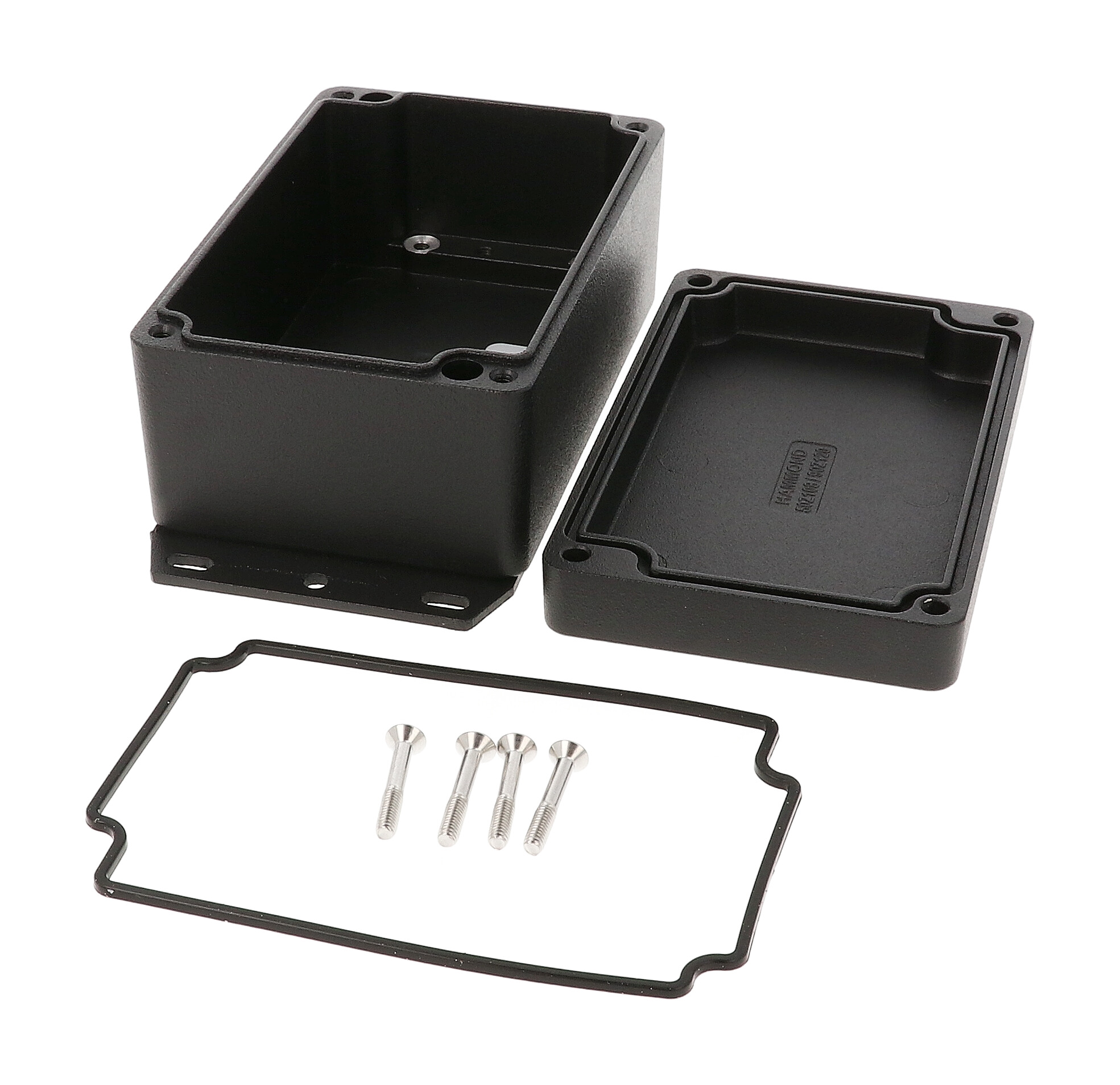 1550Z108FBK textured black watertight diecast enclosure with flanged base and screw-down lid, 152x81x61 mm