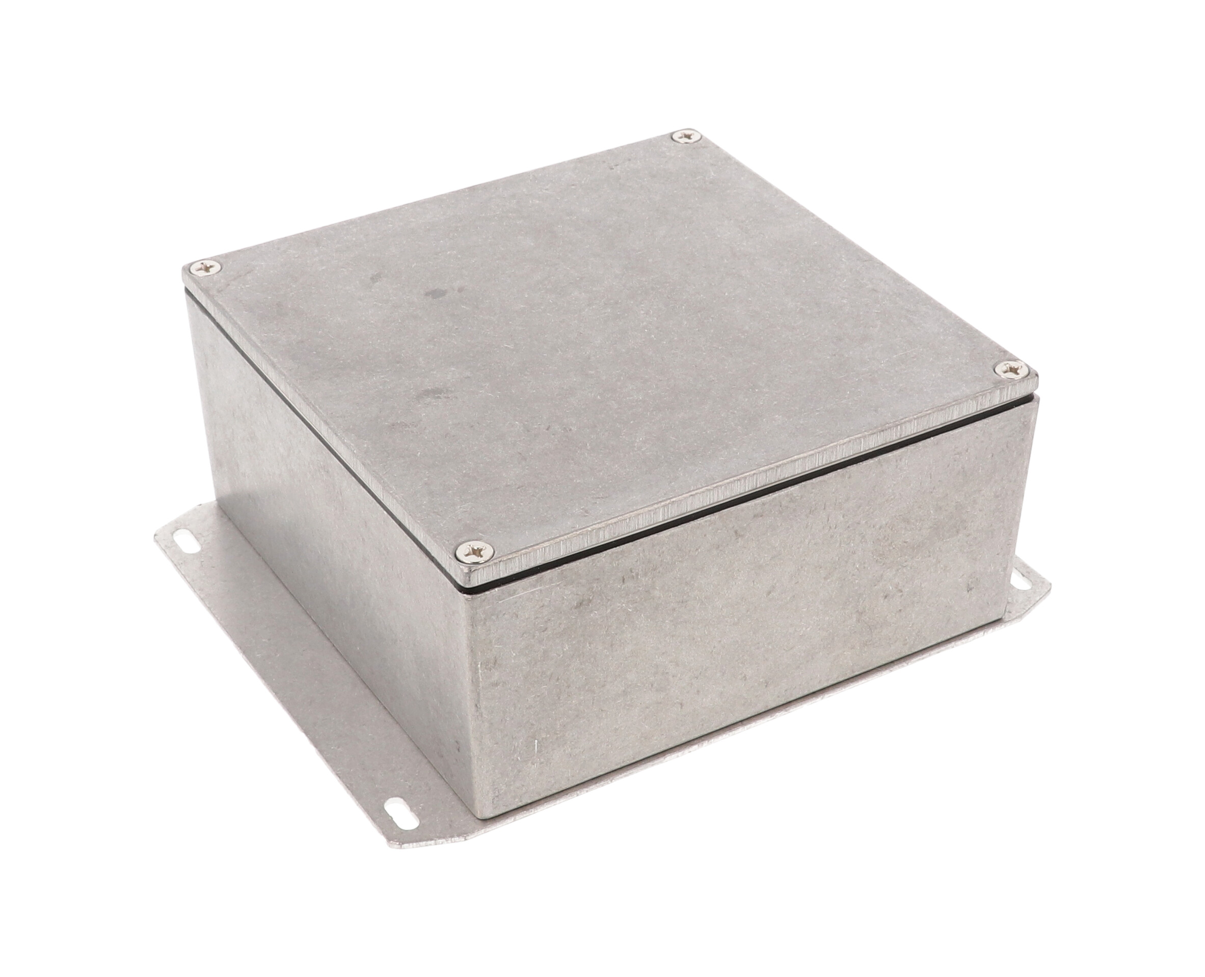 1590WKKF natural aluminum IP65 watertight diecast enclosure, 125 x 125 x 57 mm, with flanged bottom plate