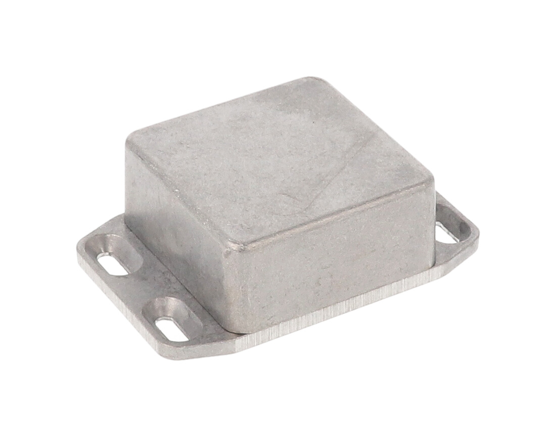 1590LLBFL natural diecast aluminum 51 x 51 x 25 mm enclosure with wall-mounting flange integrated into the lid