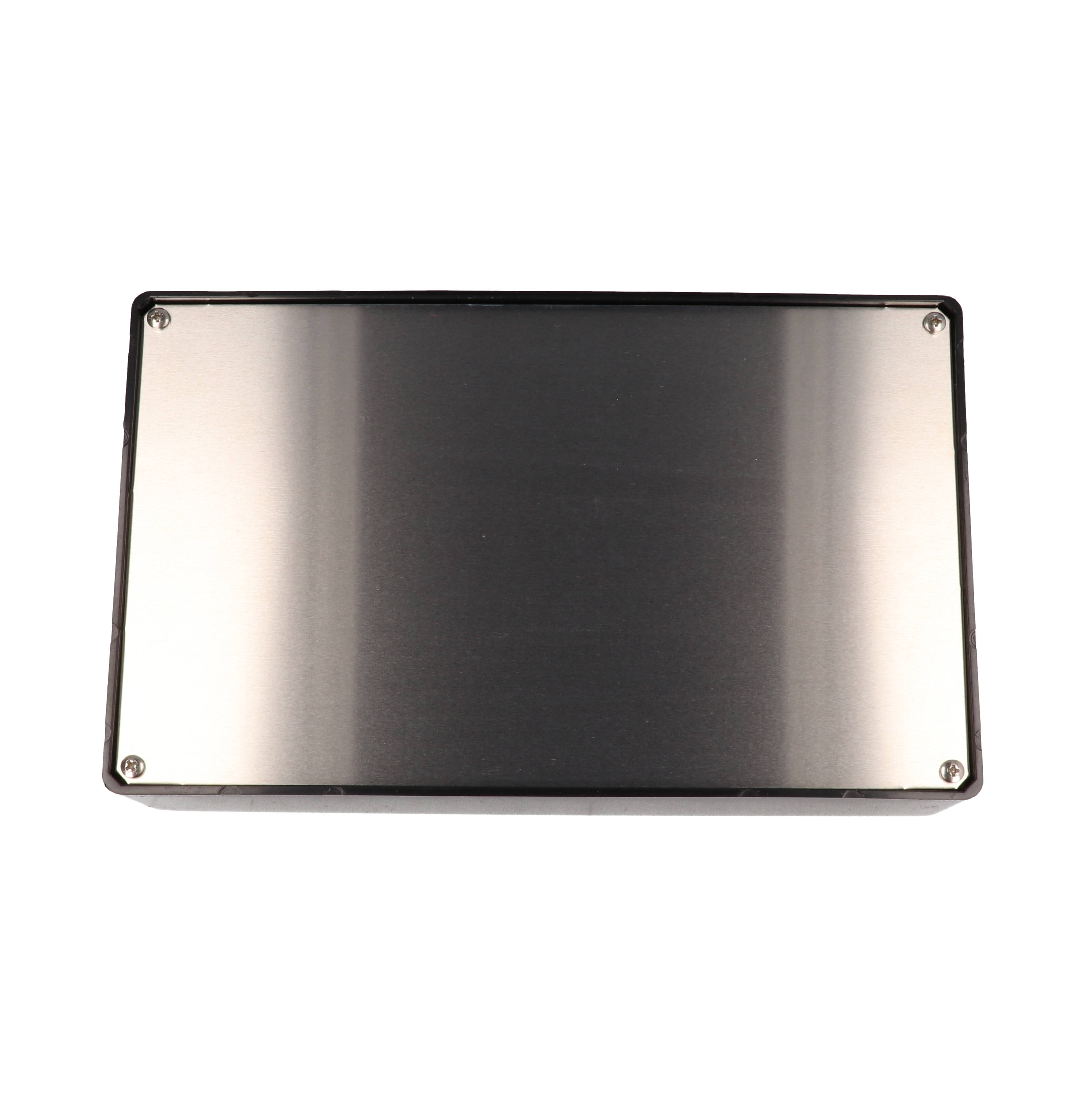 1595EBK black sloped plastic console enclosure with recessed aluminum front panel, 215 x 130 mm