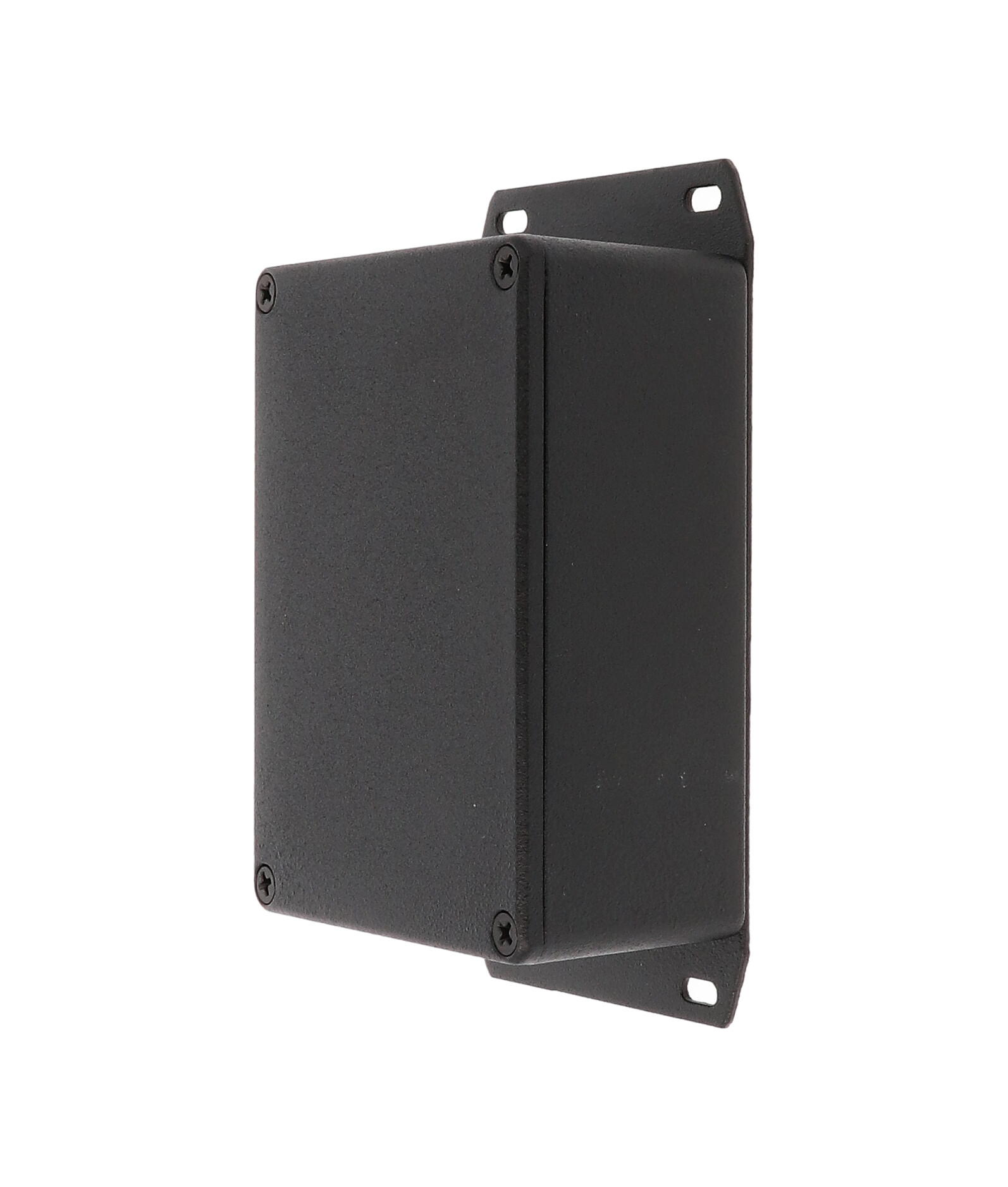 1590SFBK black diecast aluminum enclosure with welded flanged bottom plate, 110 x 82 x 44 mm