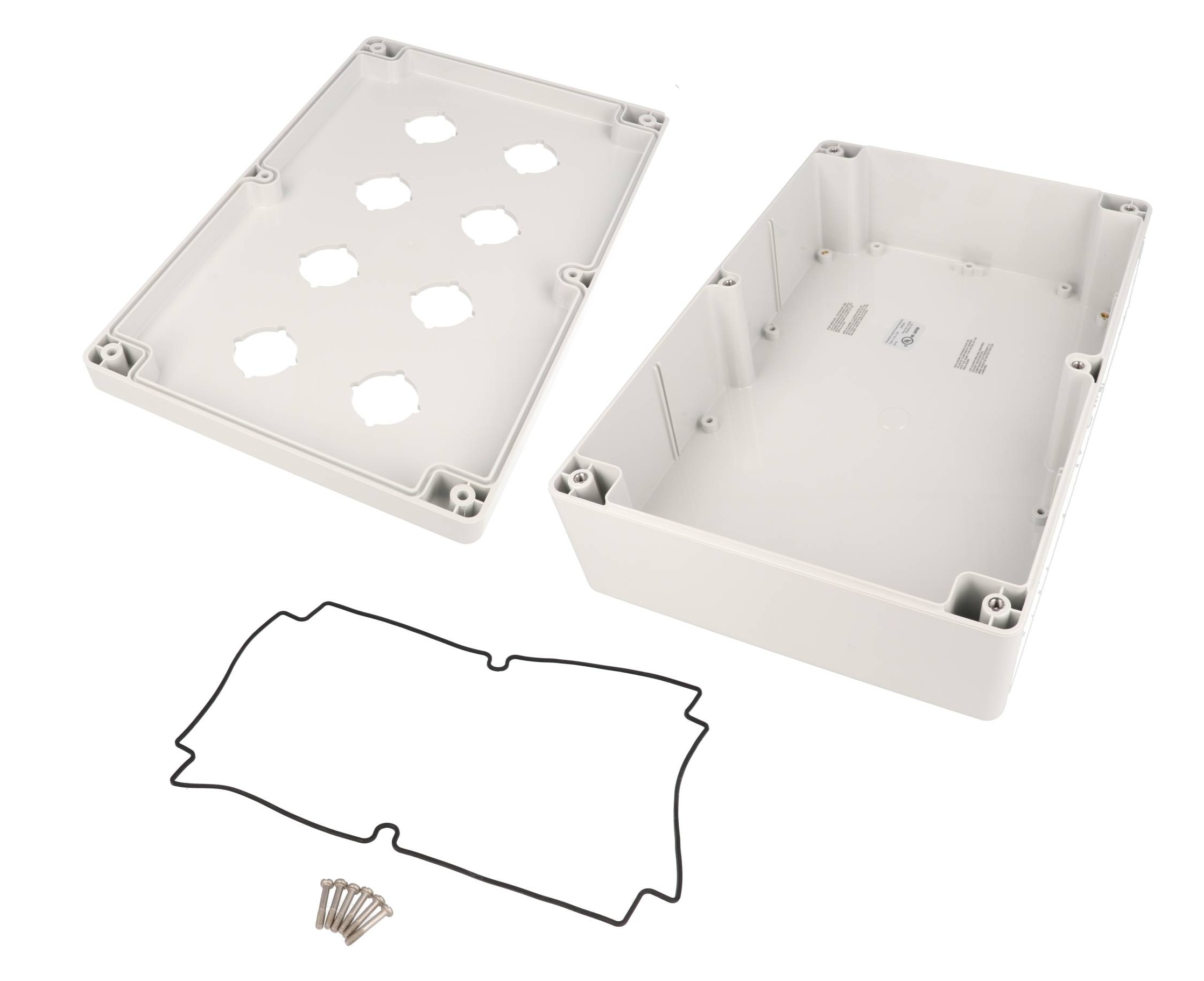 1554PB8 light gray polycarbonate enclosure with eight 30.5mm pushbutton holes