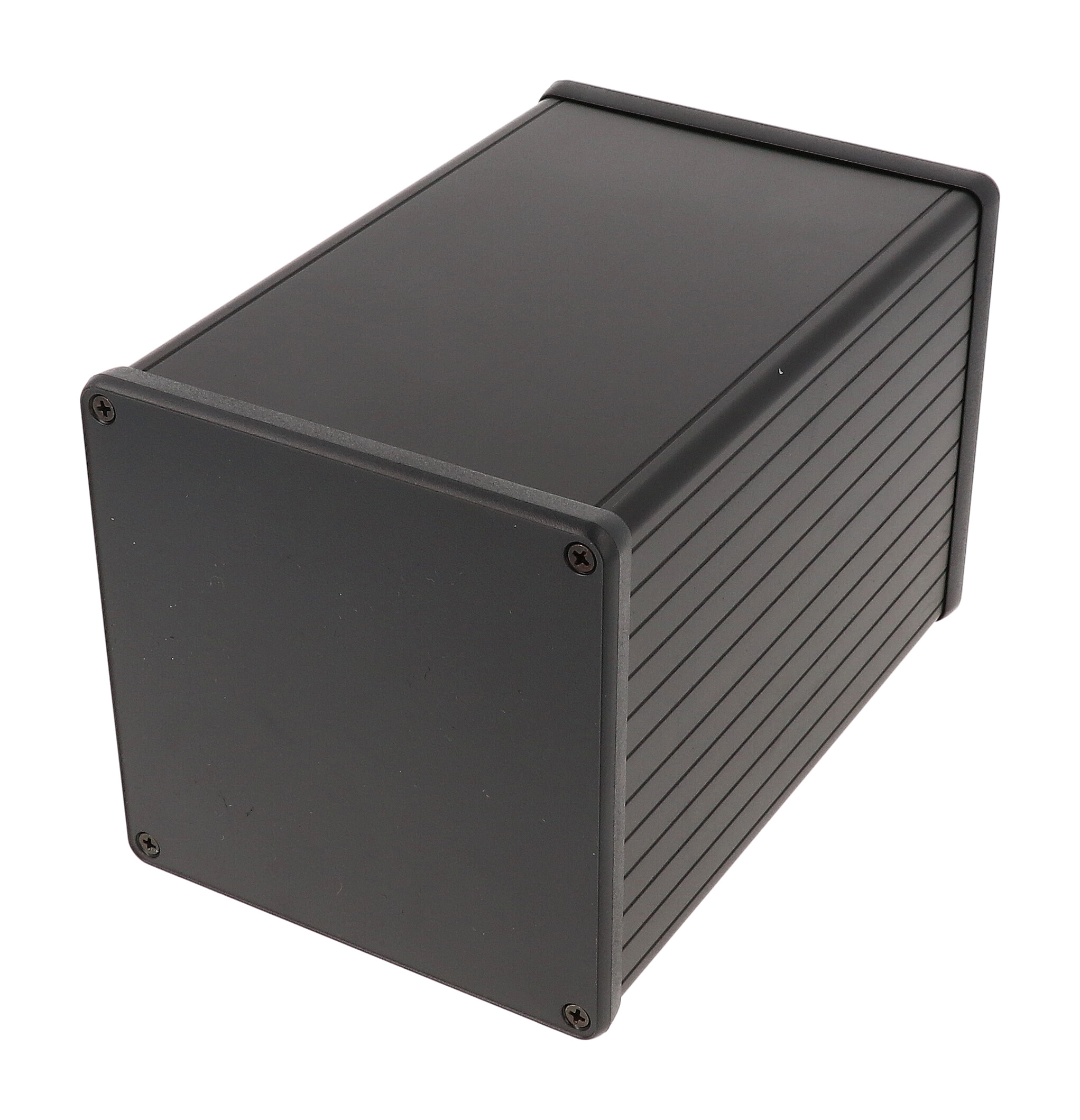 1455NS1602BK black anodized square extruded aluminum enclosure, 160 x 103 x 103 mm, with black closed plastic bezels