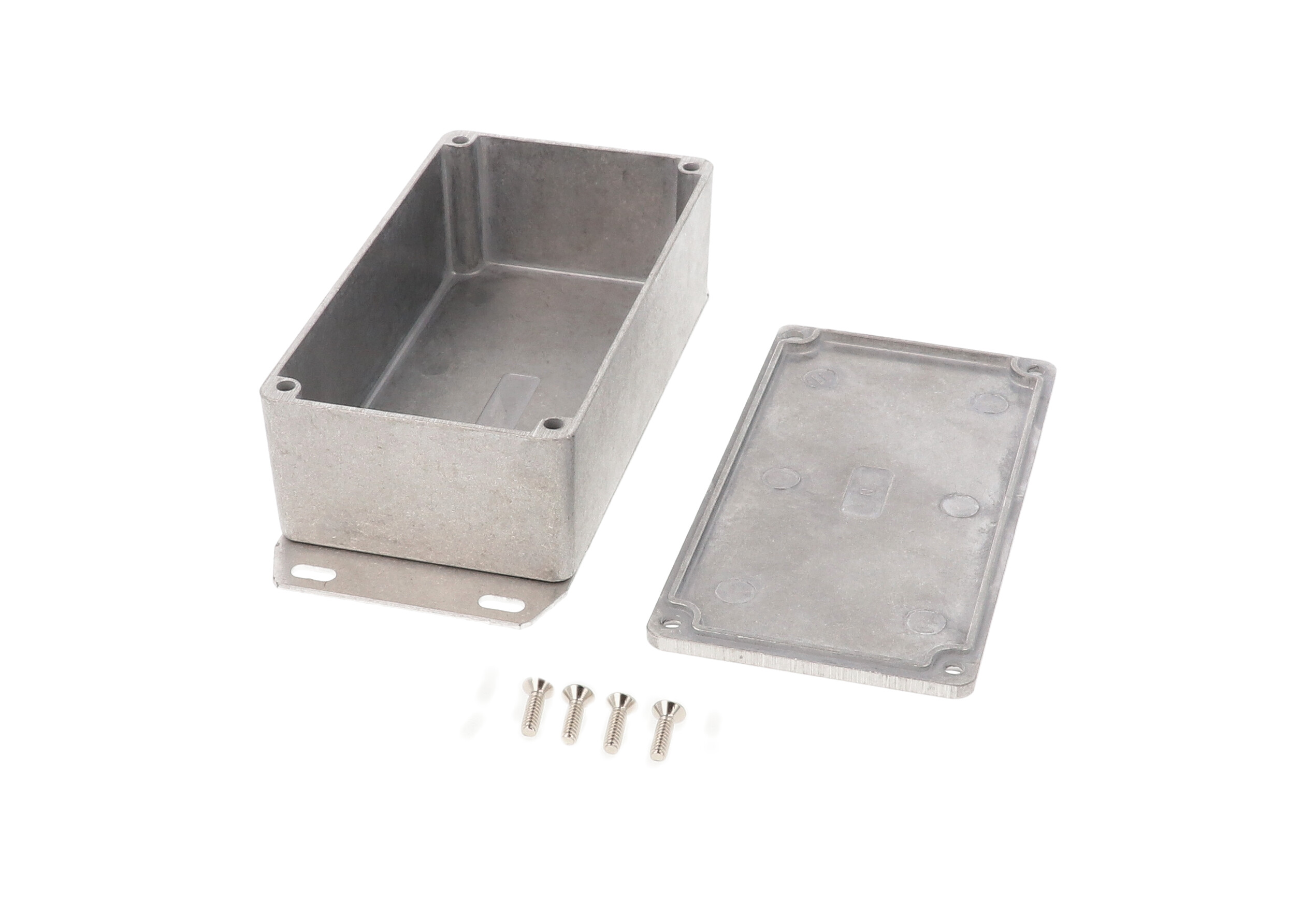 1590N1F natural diecast aluminum 121 x 66 x 40 mm enclosure with welded bottom mounting flange