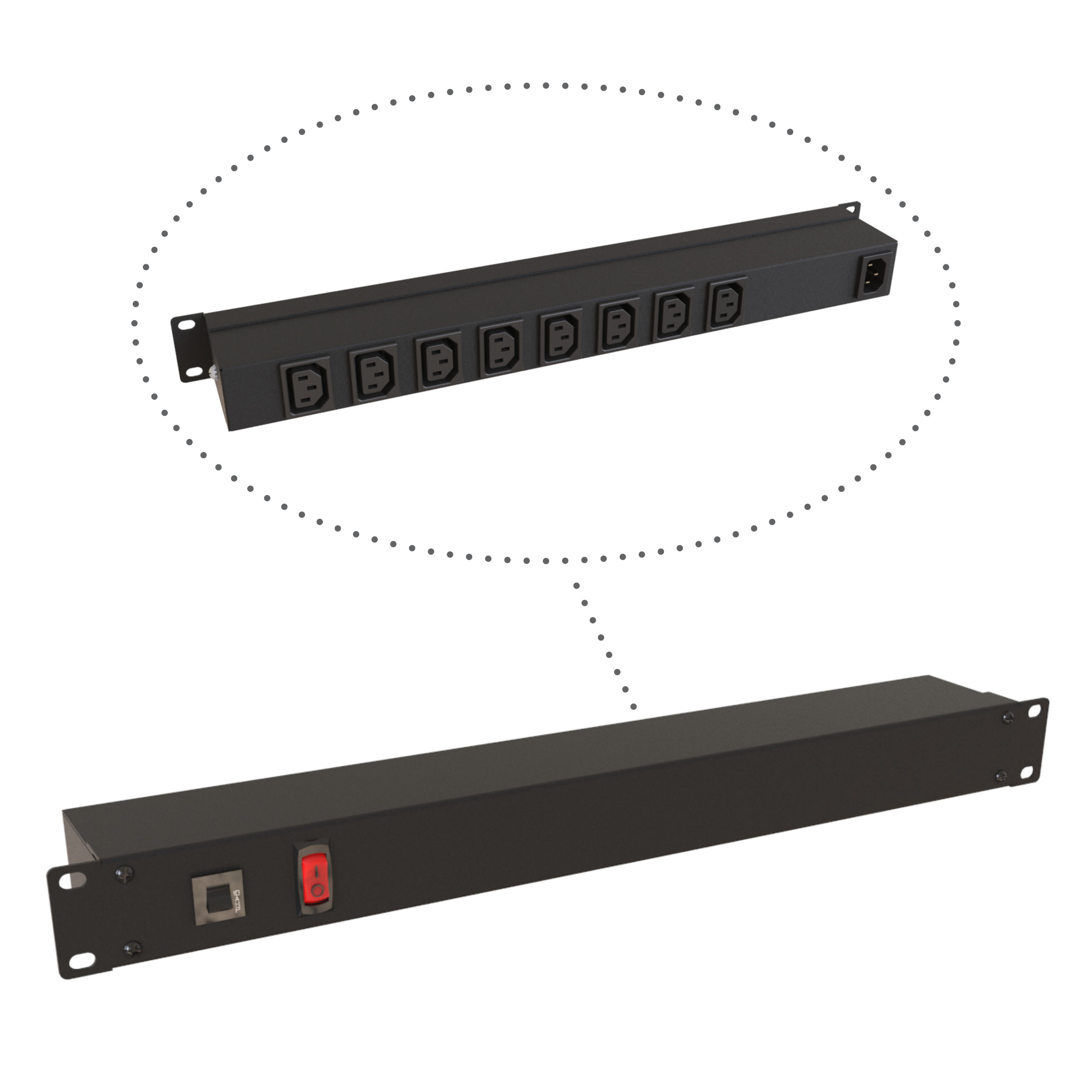 Hammond 1583H8E1BK 1U 19-inch rackmount PDU with eight rear-facing IEC C13 outlets, C14 inlet and lighted on/off switch in black finish
