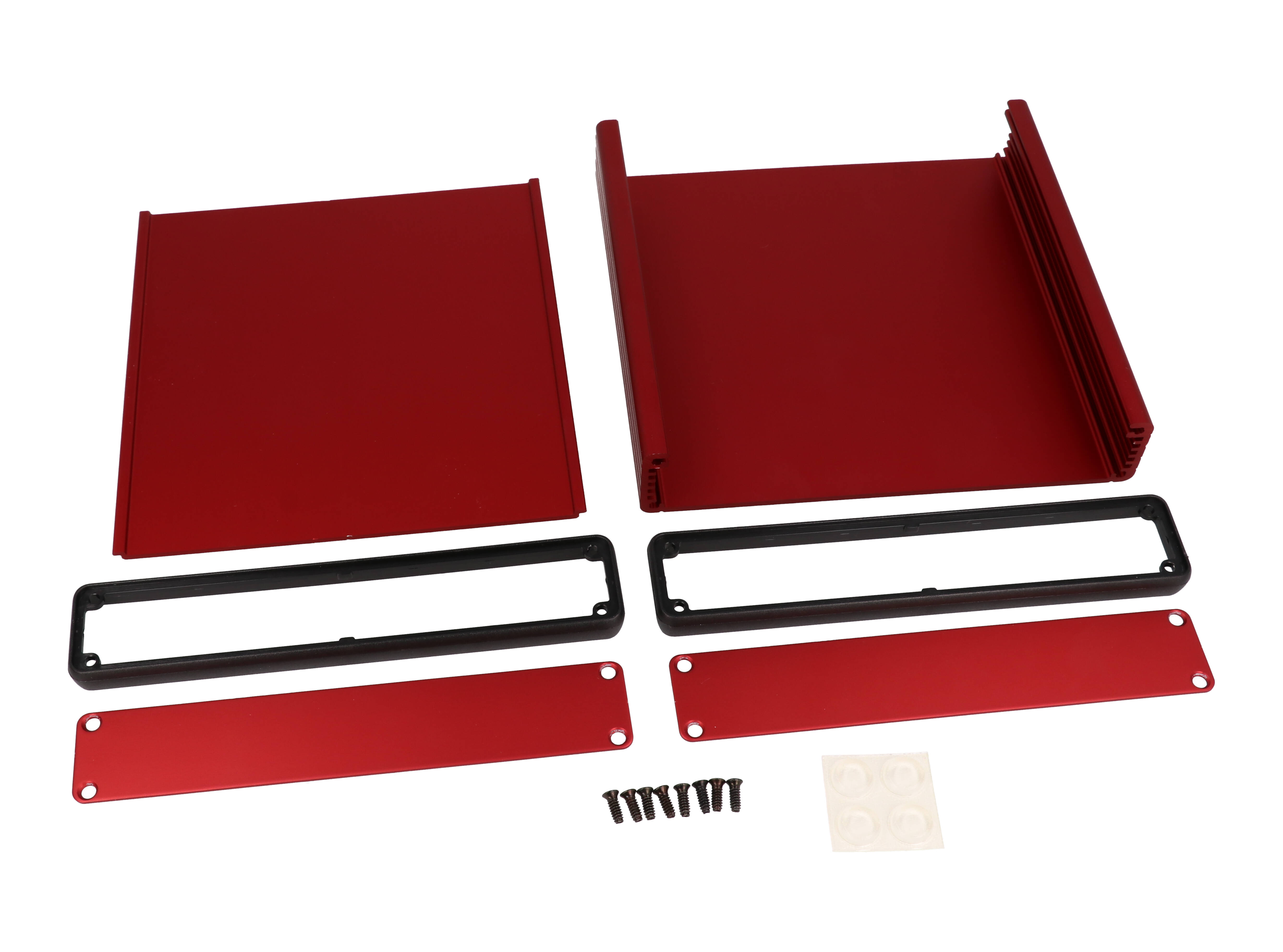 1455R1601RD red anodized extruded aluminum PC board enclosure, 160 x 165 x 30.5 mm, with aluminum end panels and open bezels