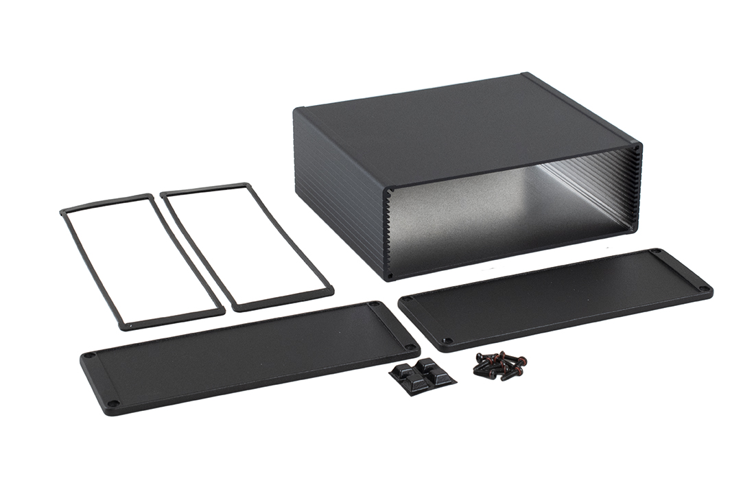 1457U1601BK black extruded aluminum IP65 PC board enclosure, 160 x 191 x 68 mm, with black non-flanged end panels