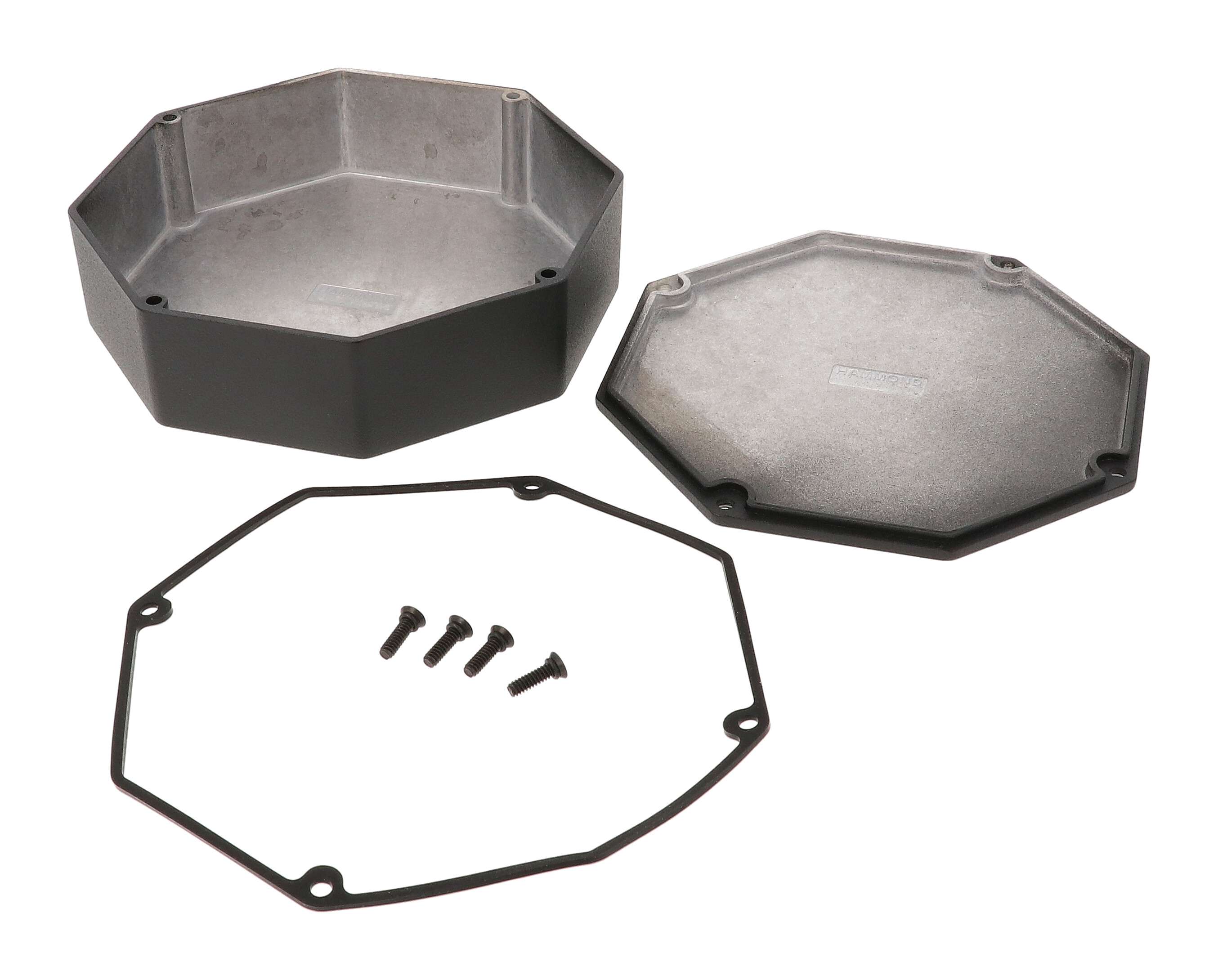 1590WSTPCBK black textured octagon watertight diecast aluminum enclosure with lid