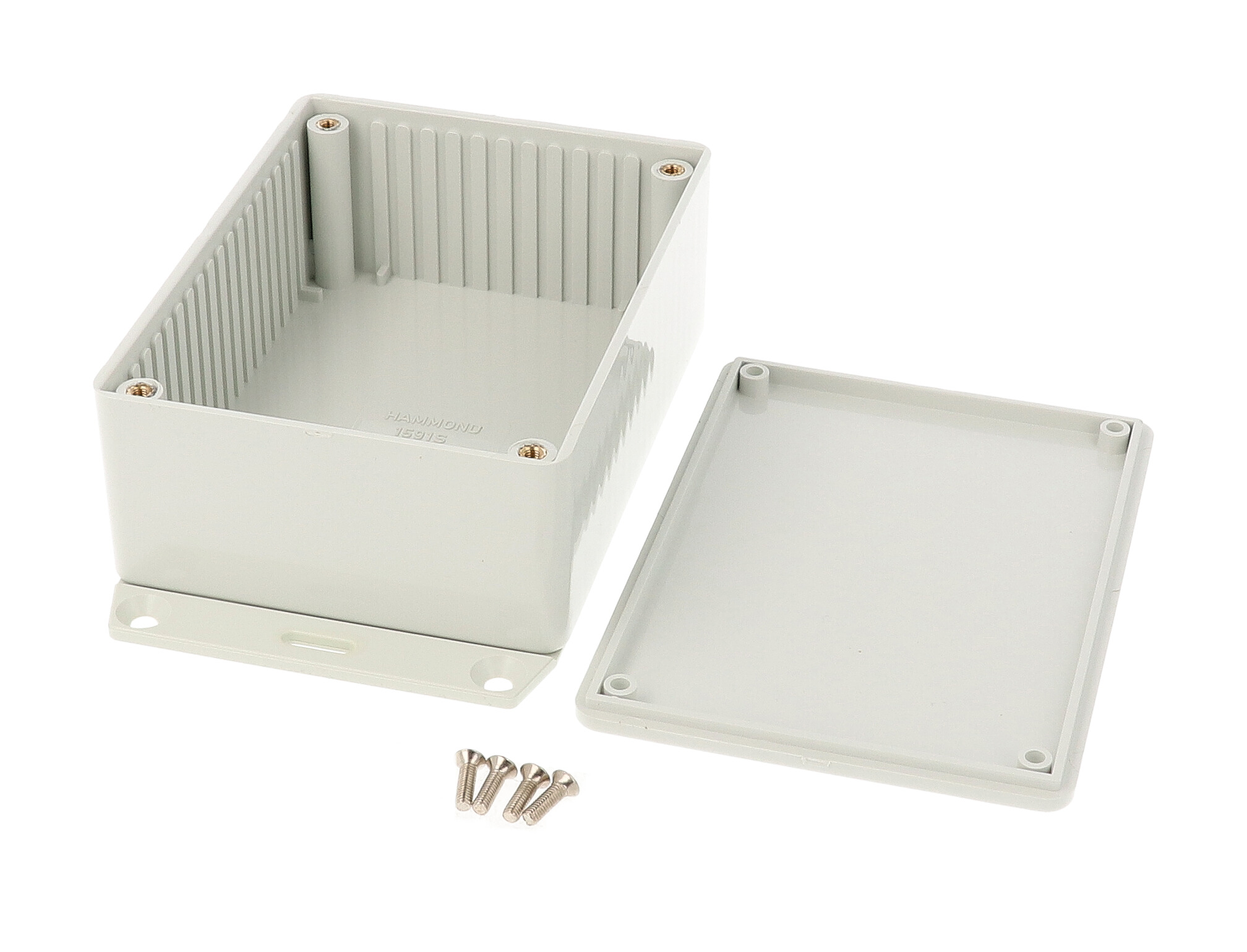 1591SF2GY light gray ABS plastic enclosure with bottom mounting flange, 110 x 82 x 44 mm