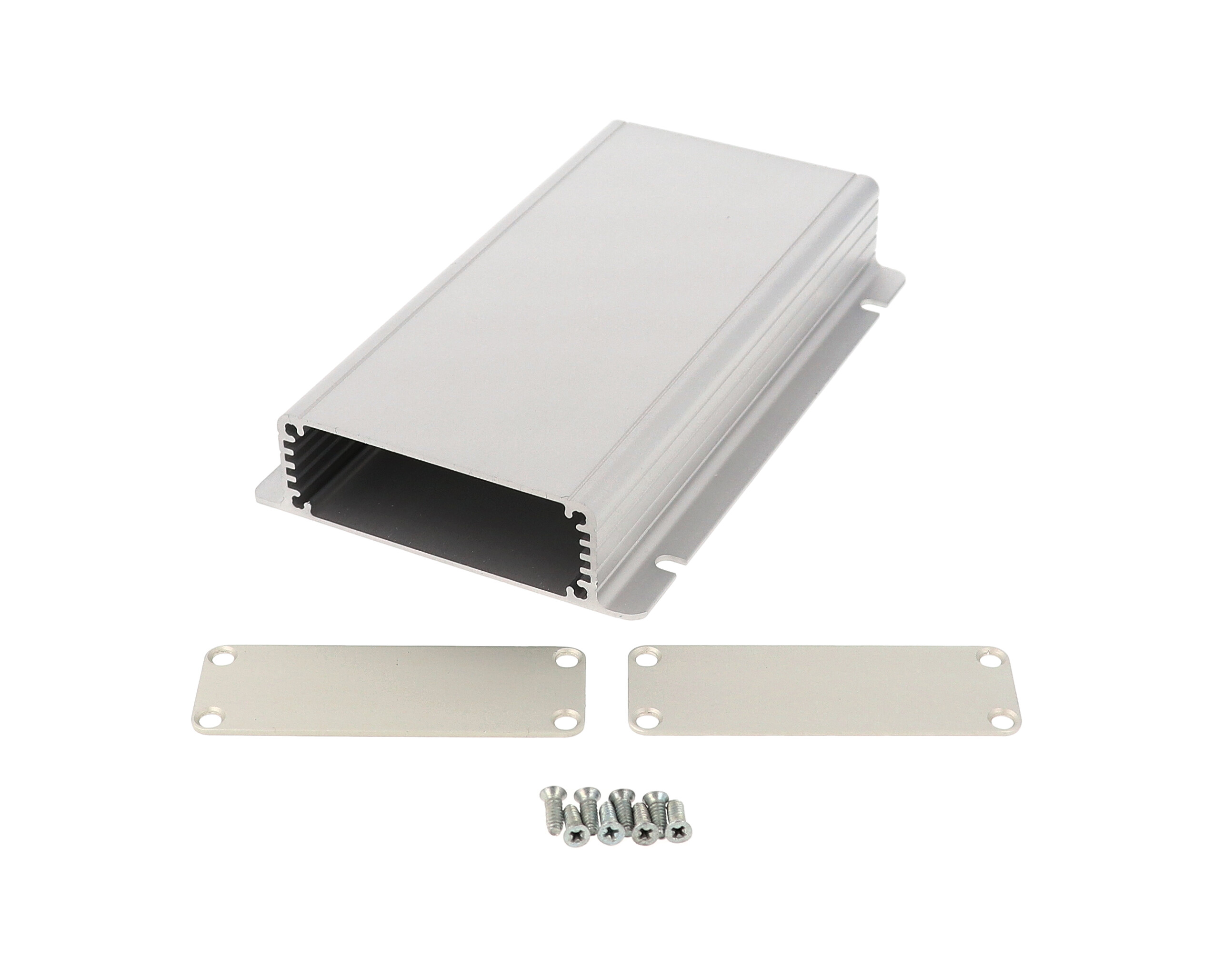 1455JF1601 clear anodized extruded aluminum enclosure with integrated slotted mounting flanges