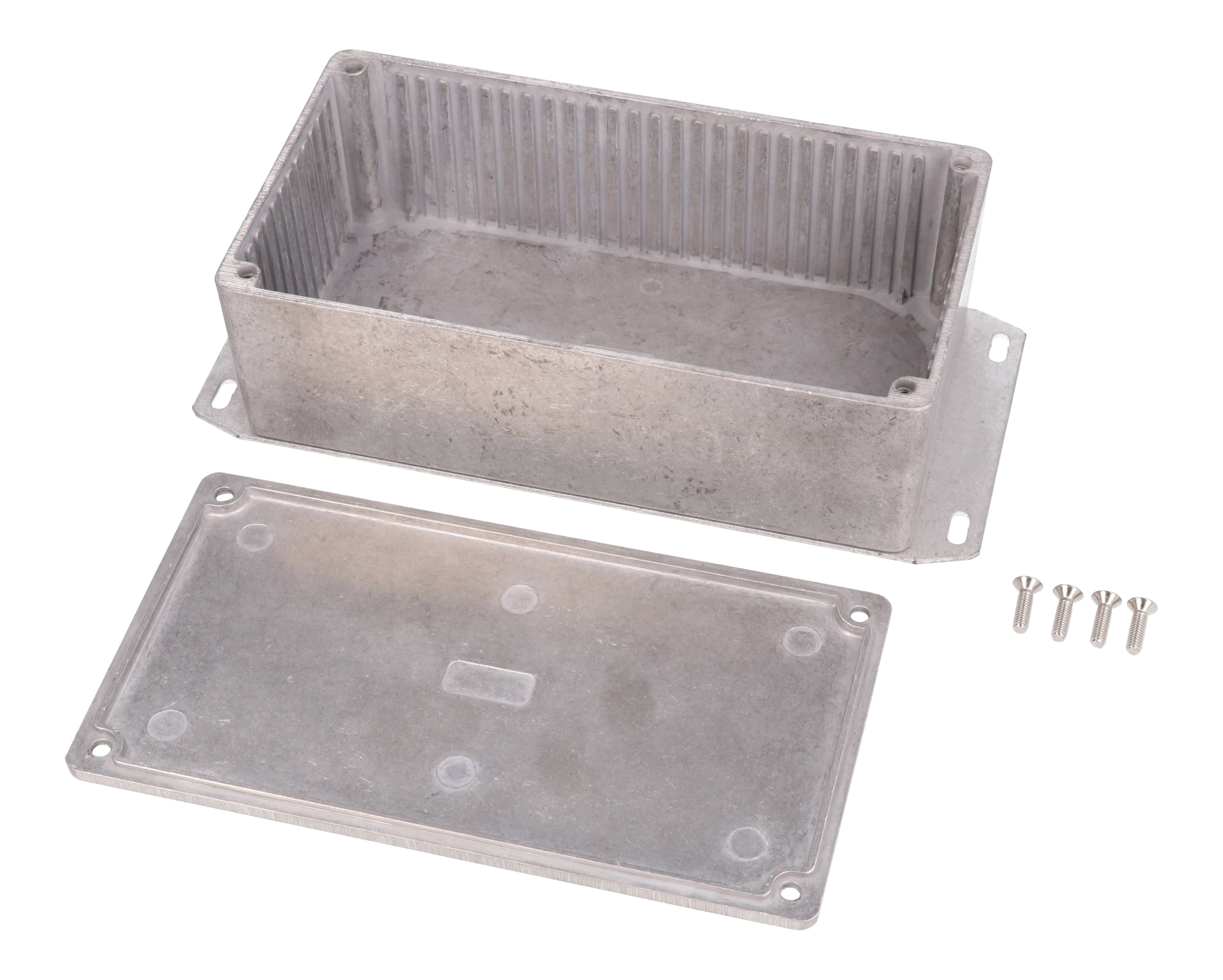 1590PF natural diecast aluminum enclosure with welded flanged bottom plate