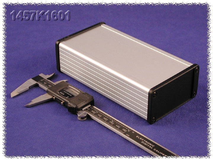 1457K1601 clear anodized watertight extruded aluminum enclosure, 160 x 84 x 44.00 mm, with black diecast end panels