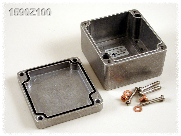 1590Z100 natural (unfinished) aluminum 80 x 75 x 52 mm heavy-duty diecast aluminum enclosure with four recessed lid screws