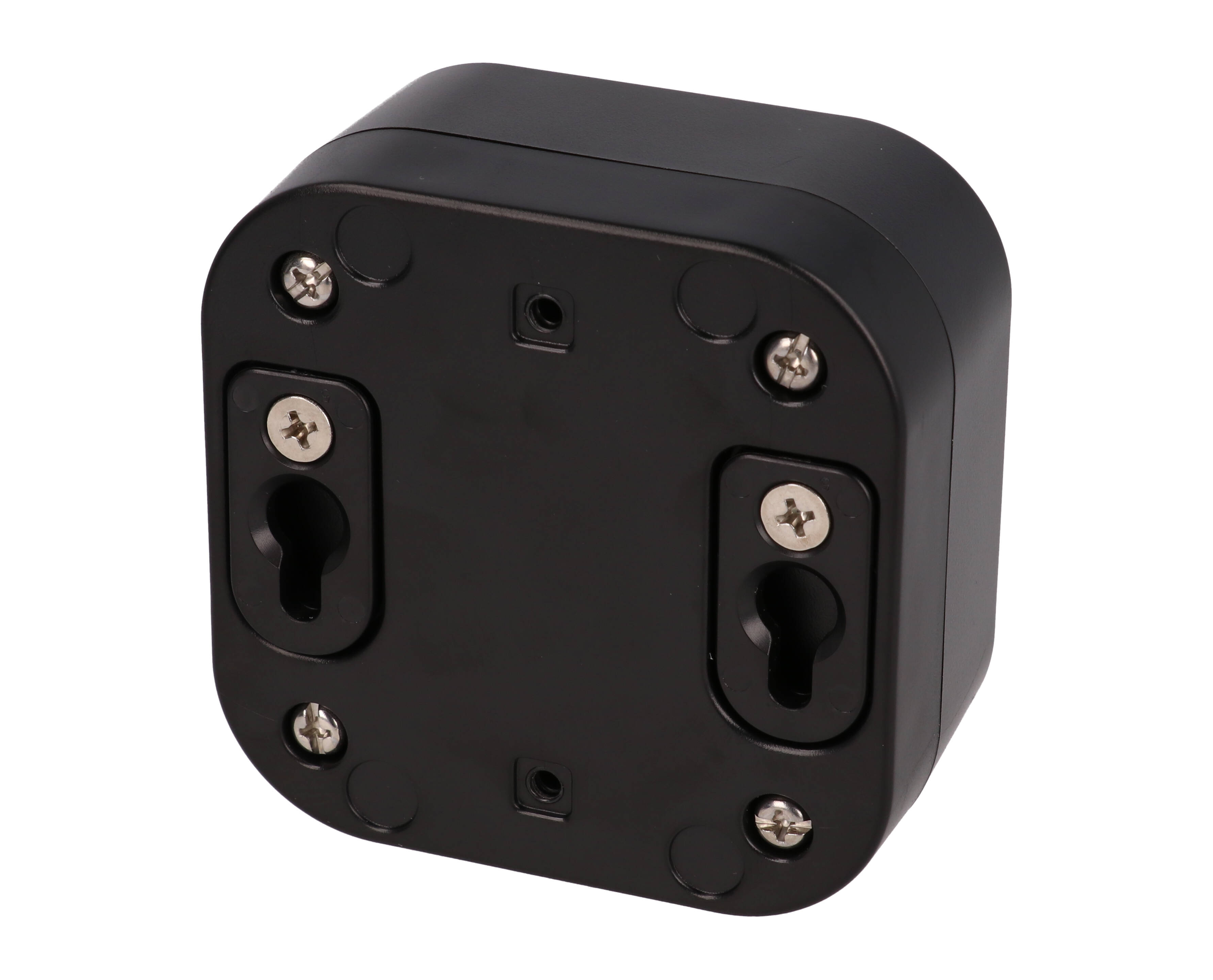 1557BBK black ABS watertight enclosure, 80 x 80 x 45 mm, rounded low-profile body with four lid screws